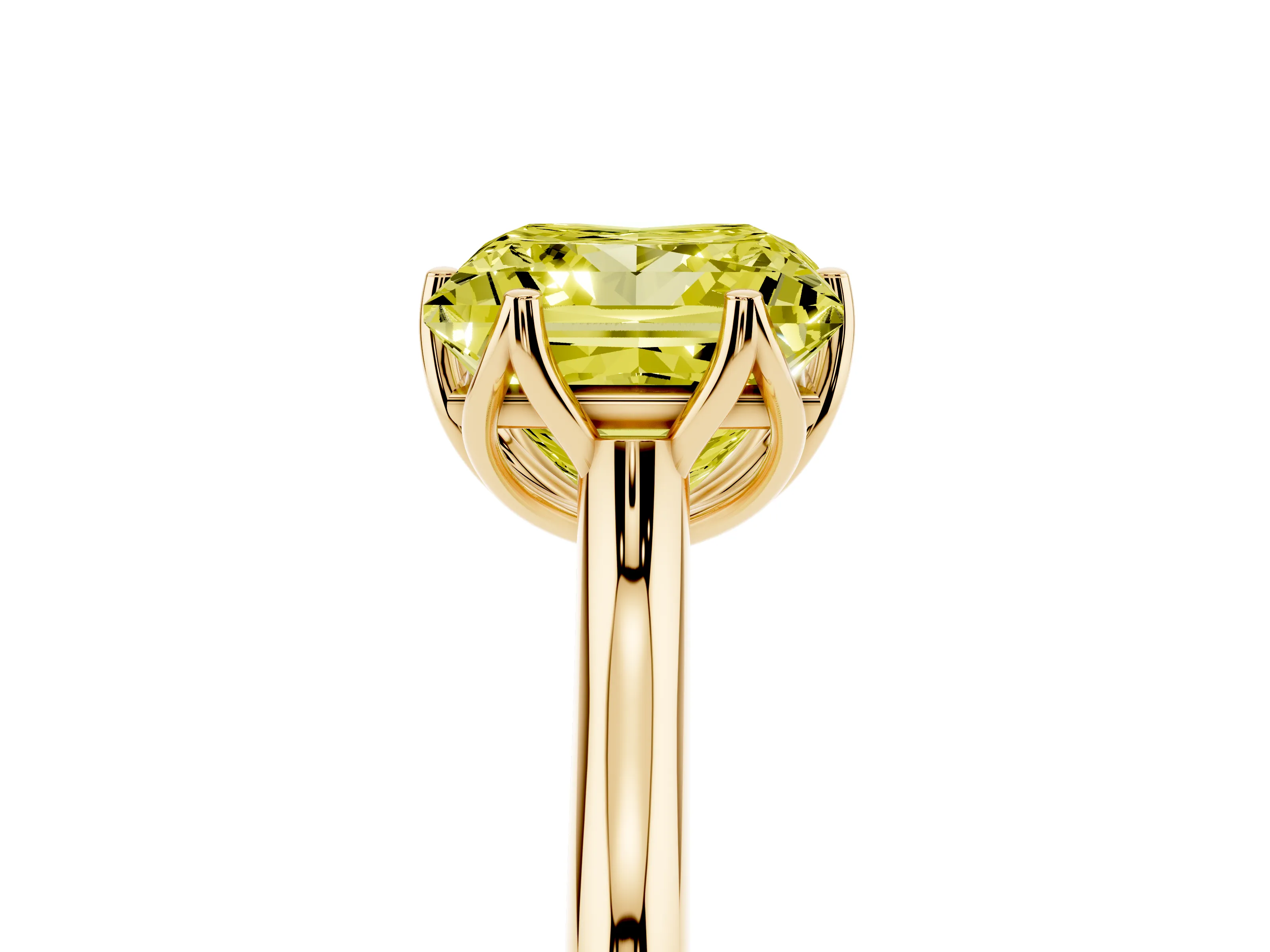 Fancy Yellow Princess Cut Diamond Solitaire Cathedral Ring Set in Yellow gold with Prong Setting