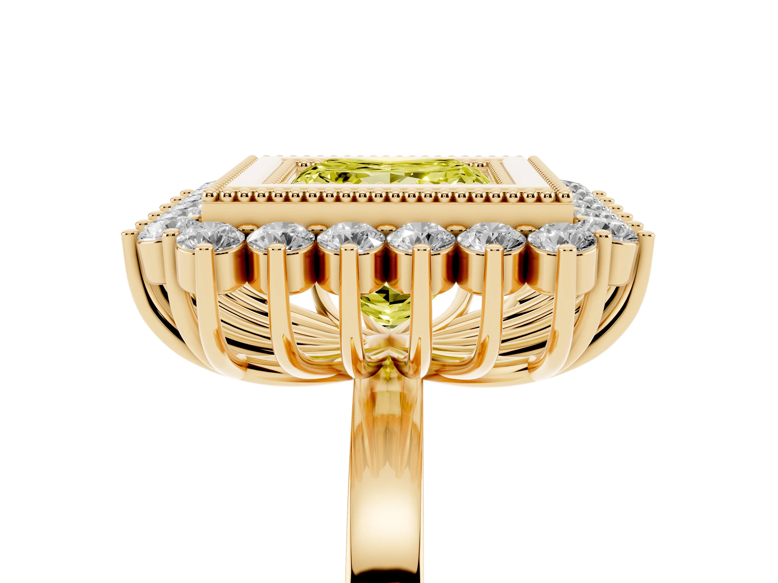 Fancy Yellow Princess Cut Diamond Halo Ring Set in Yellow gold with Milgrain Edge and Round Prong Setting