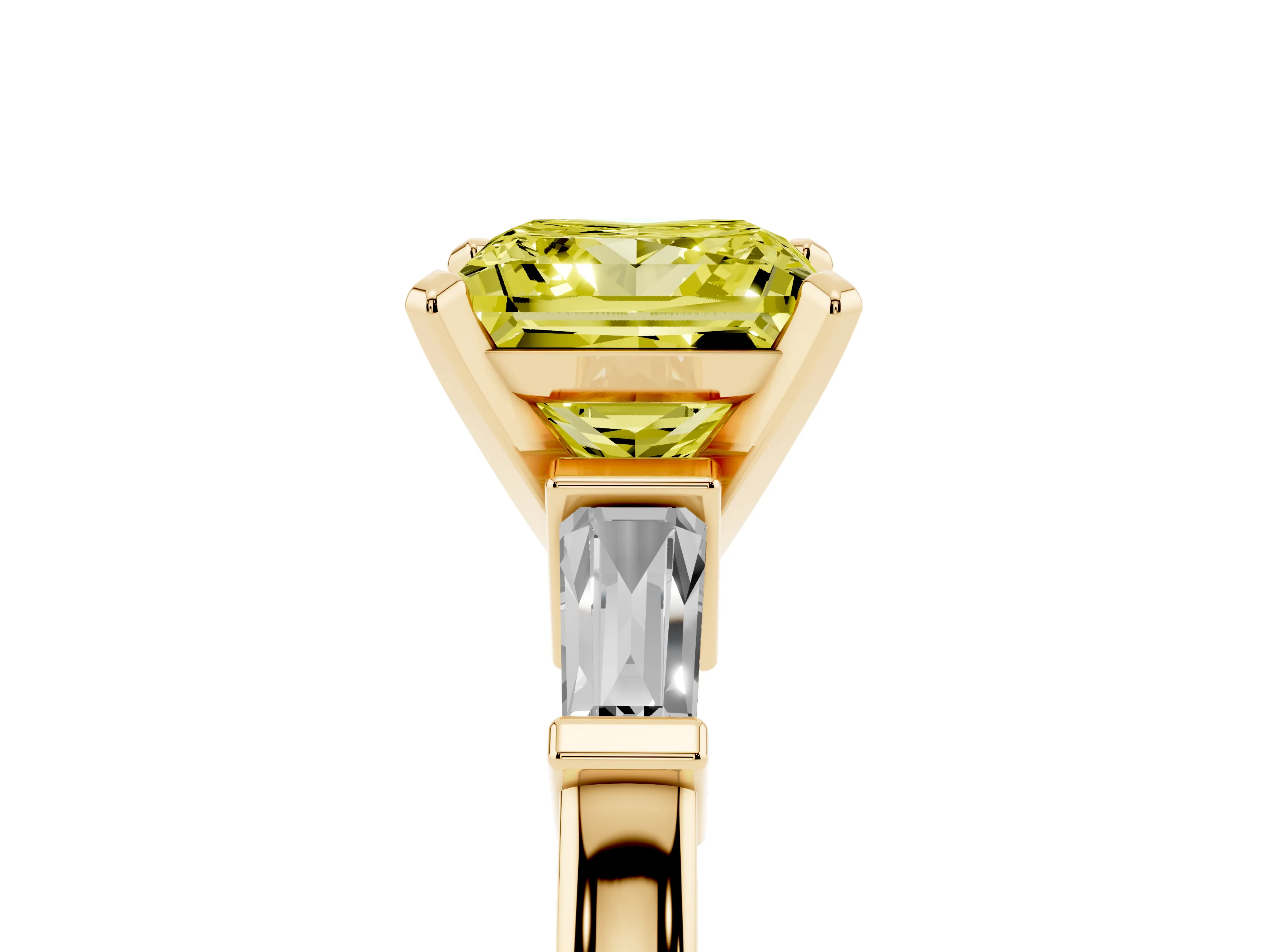 Fancy Yellow Princess Cut Diamond Solitaire Ring Set in Yellow gold with Tapered Baguette Accents and Prong Setting