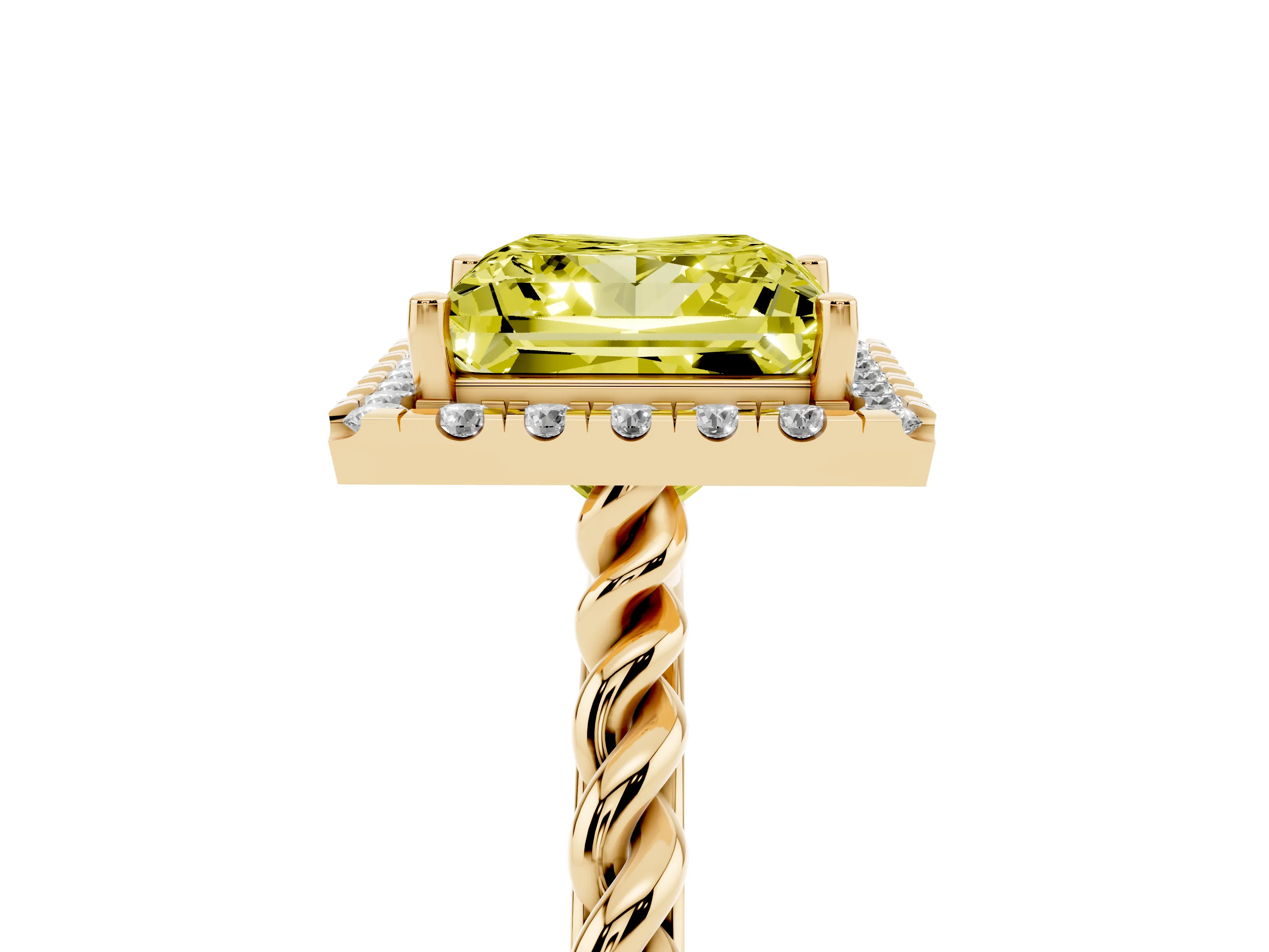 Fancy Yellow Princess Cut Diamond Halo Ring Set in Yellow gold with Plain Twisted Band