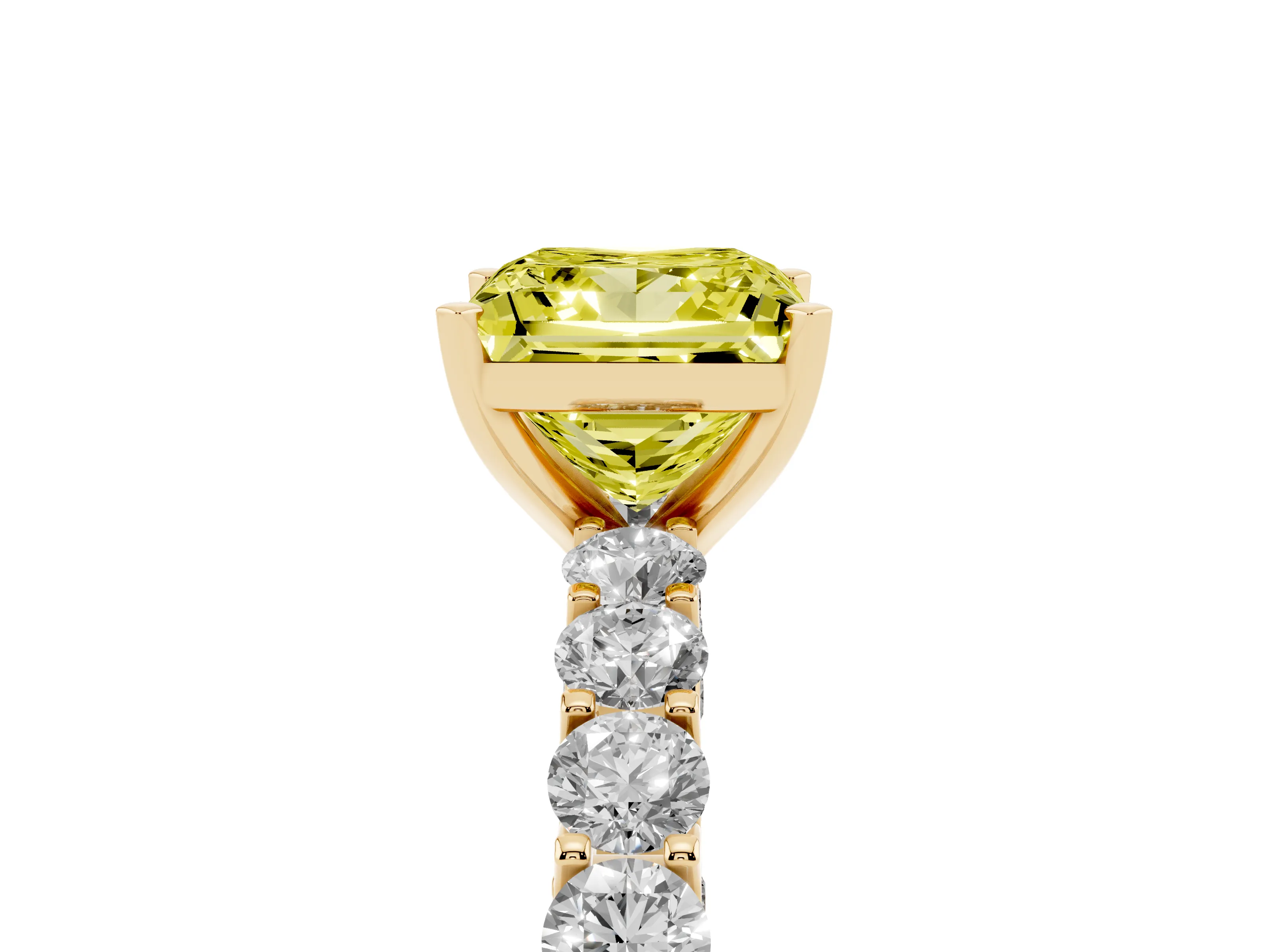Fancy Yellow Princess Cut Diamond Solitaire Ring Set in Yellow gold with Shared Prong Pavé Band