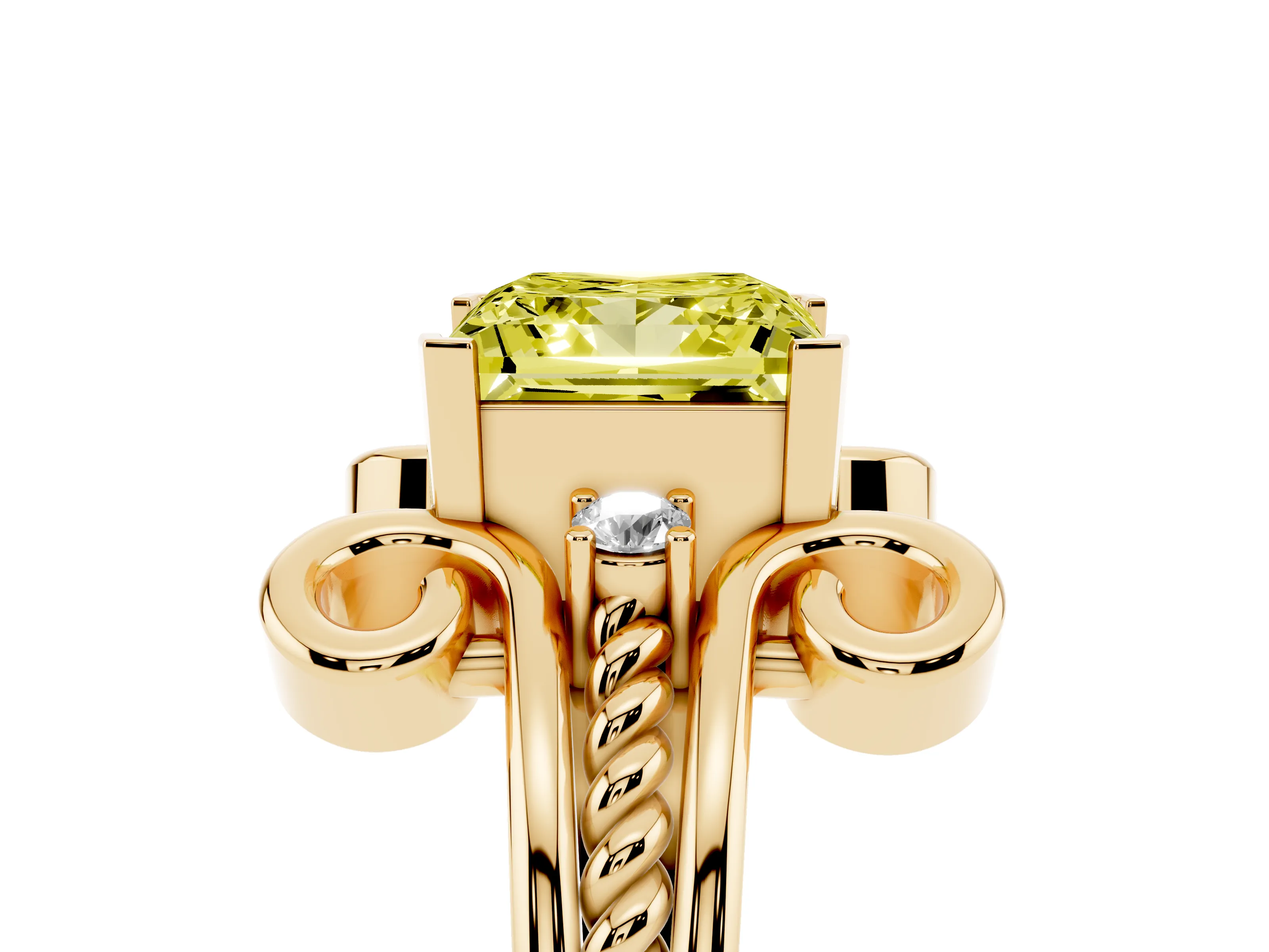 Fancy Yellow Princess Cut Diamond Twisted Band Solitaire Ring Set in Yellow gold with Scroll Prongs