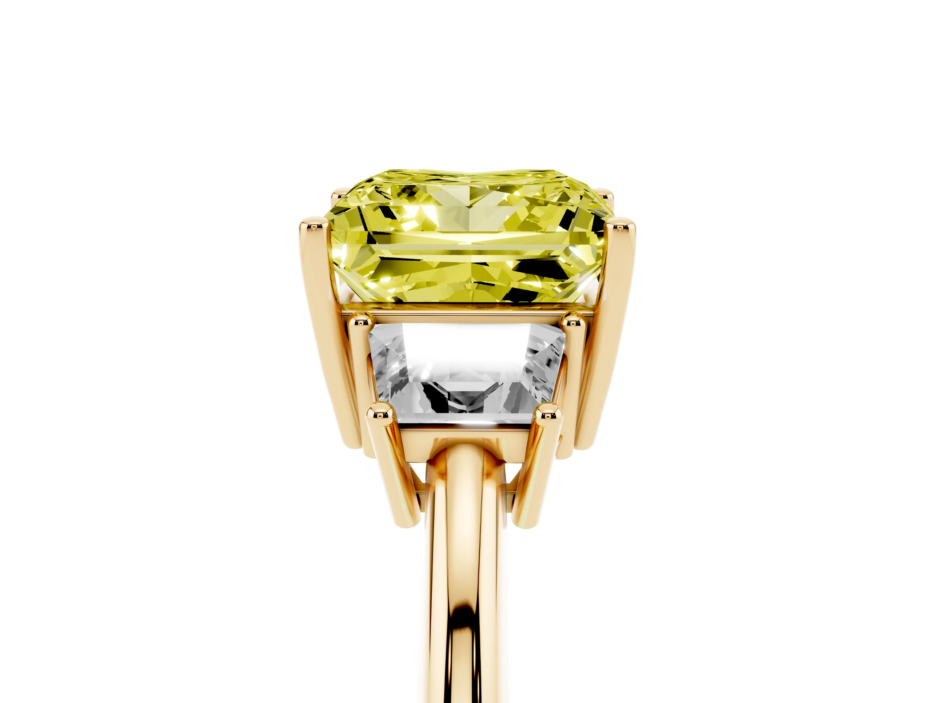 Fancy Yellow Princess Cut Diamond Three-Stone Ring Set in Yellow gold with Trapezoid Side Stones and Prong Setting