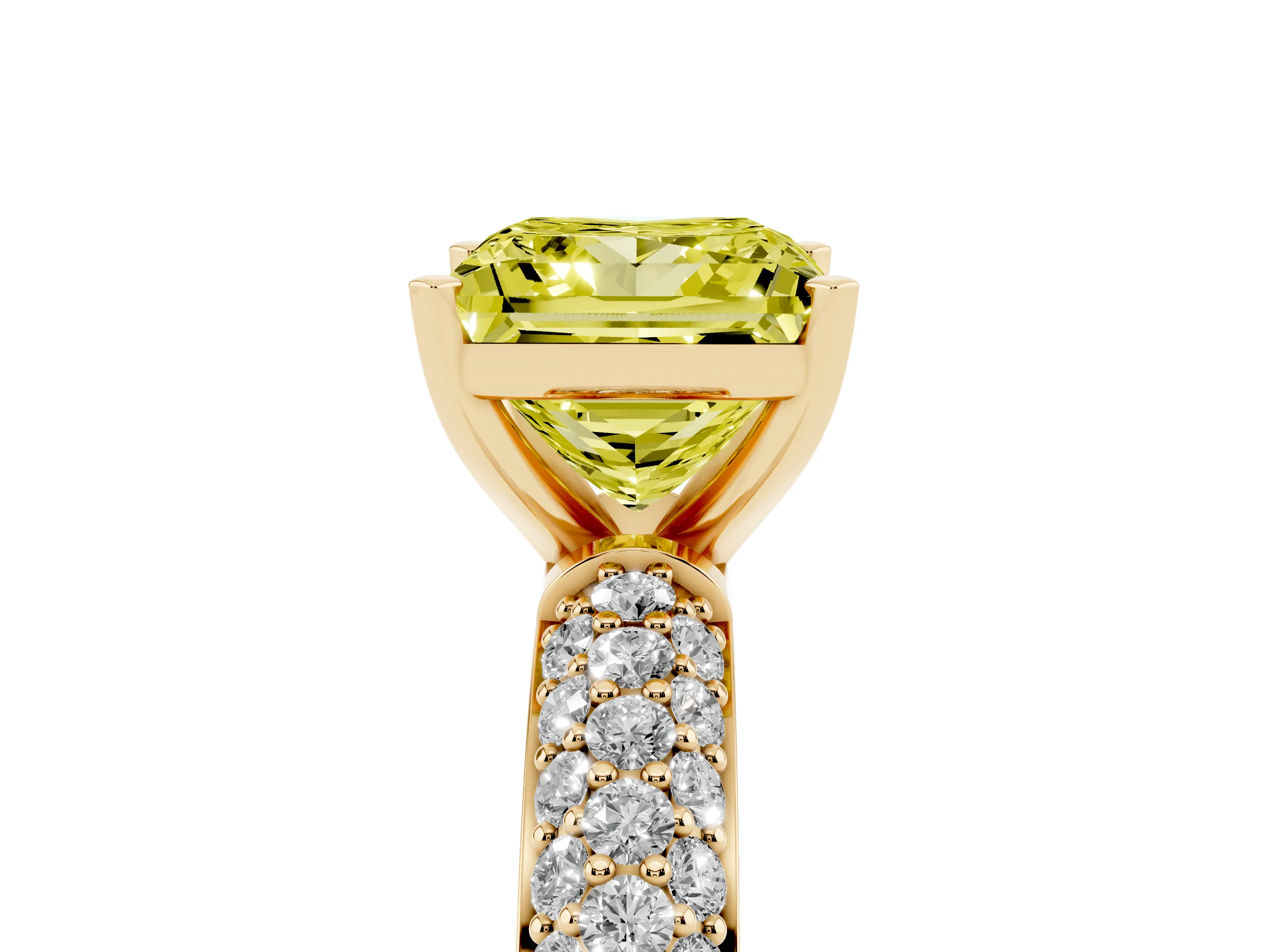 Fancy Yellow Princess Cut Diamond Solitaire Ring Set in Yellow gold with Prong Setting and Pavé-Set Band