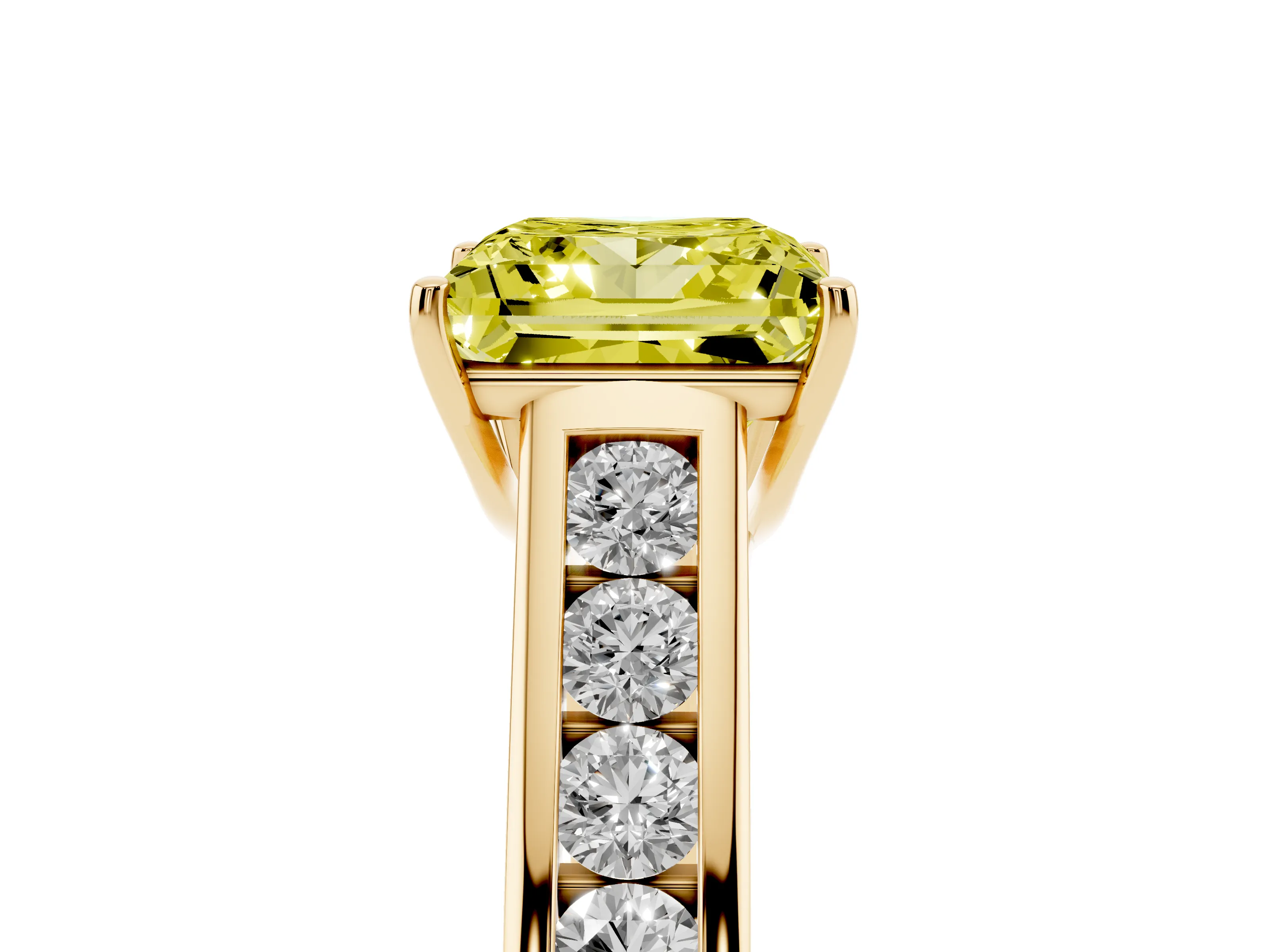 Fancy Yellow Princess Cut Diamond Solitaire Channel-Set Engagement Ring Set in Yellow gold with Prong Setting