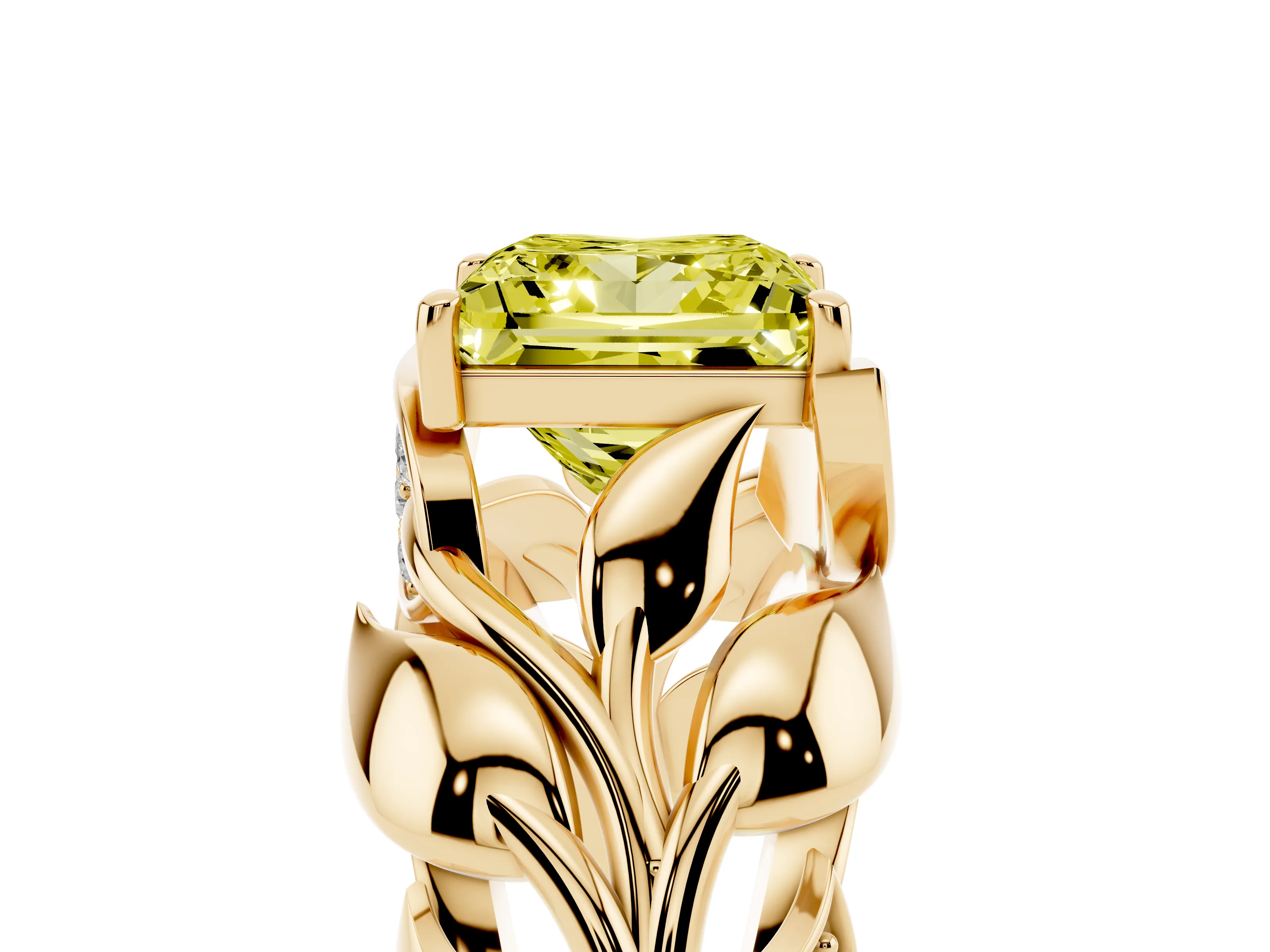 Fancy Yellow Princess Cut Diamond Leaf-Inspired Engagement Ring Set in Yellow gold with Round Accents