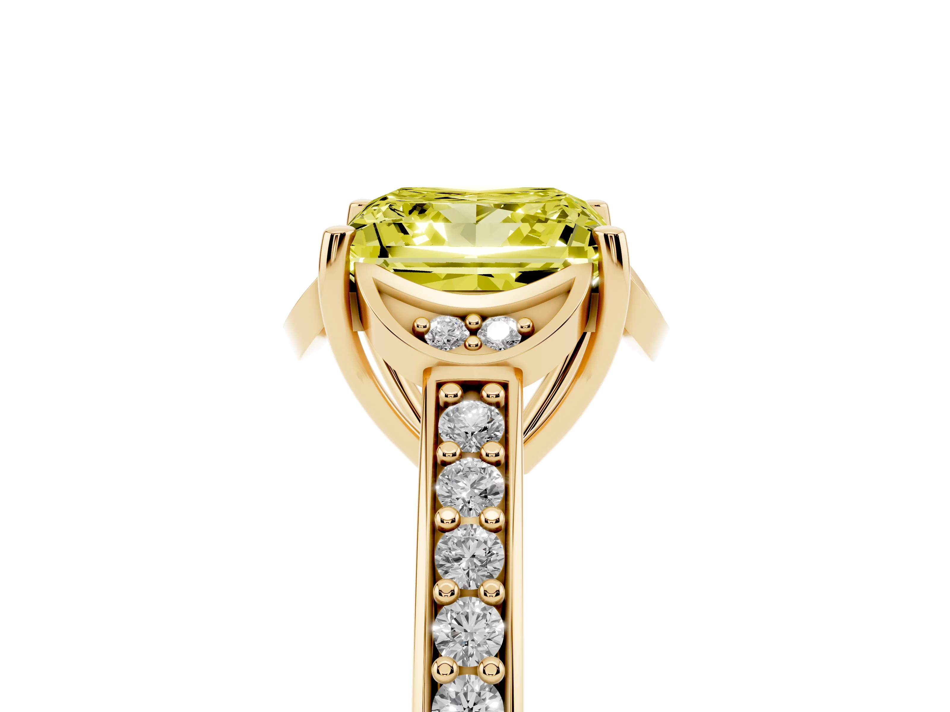 Fancy Yellow Princess Cut Diamond Halo Ring Set in Yellow gold with Channel Set Band and Prong Setting