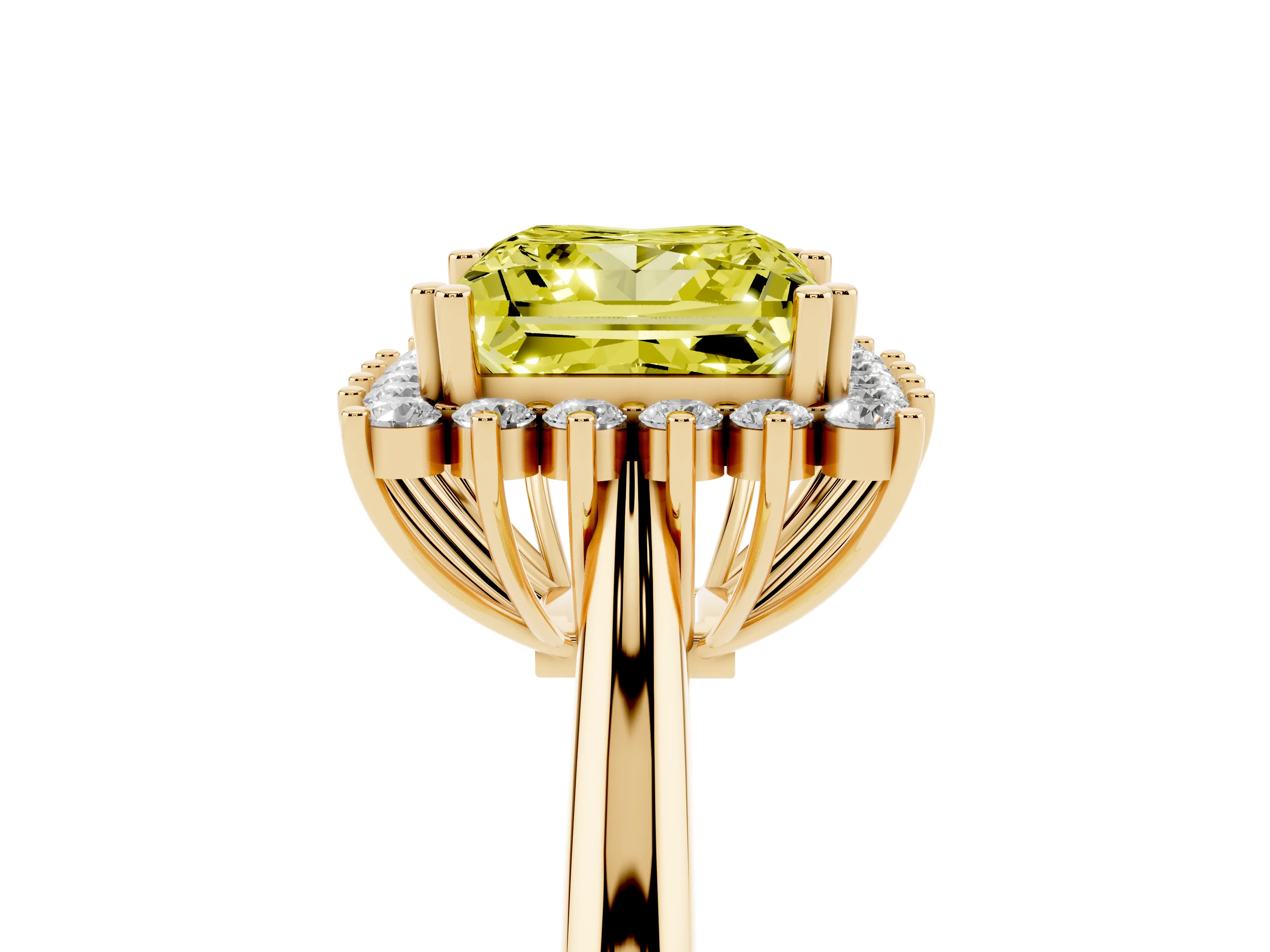 Fancy Yellow Princess Cut Diamond Halo Ring Set in Yellow gold with Plain Solitaire Band and Prong Setting