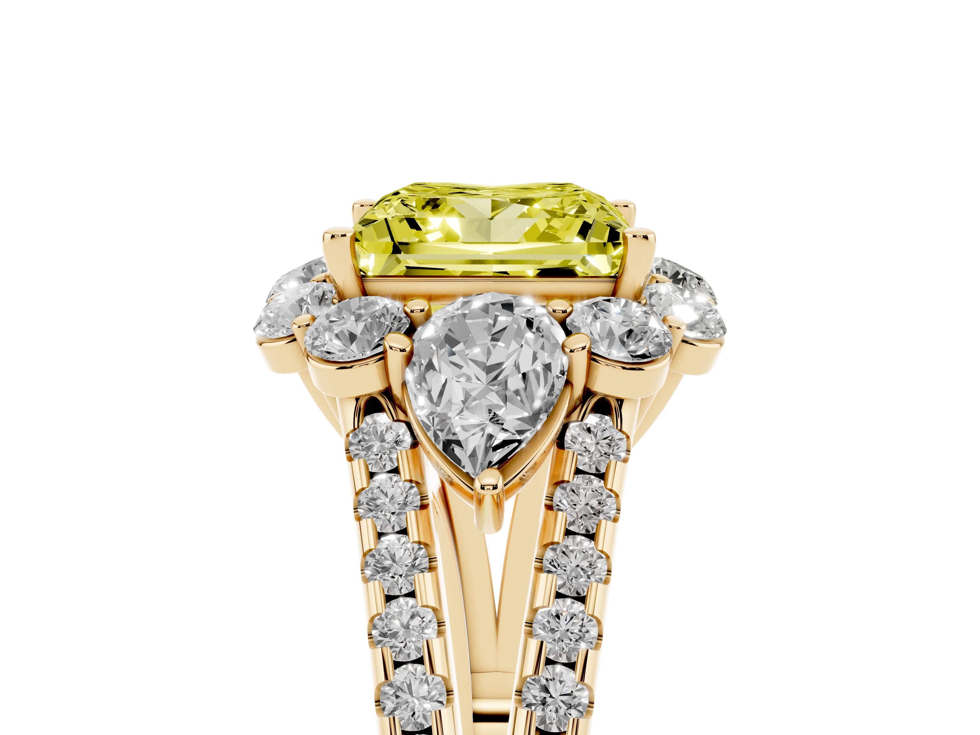Fancy Yellow Princess Cut Diamond Halo Split Shank Engagement Ring Set in Yellow gold with Prong-Held Center Stone