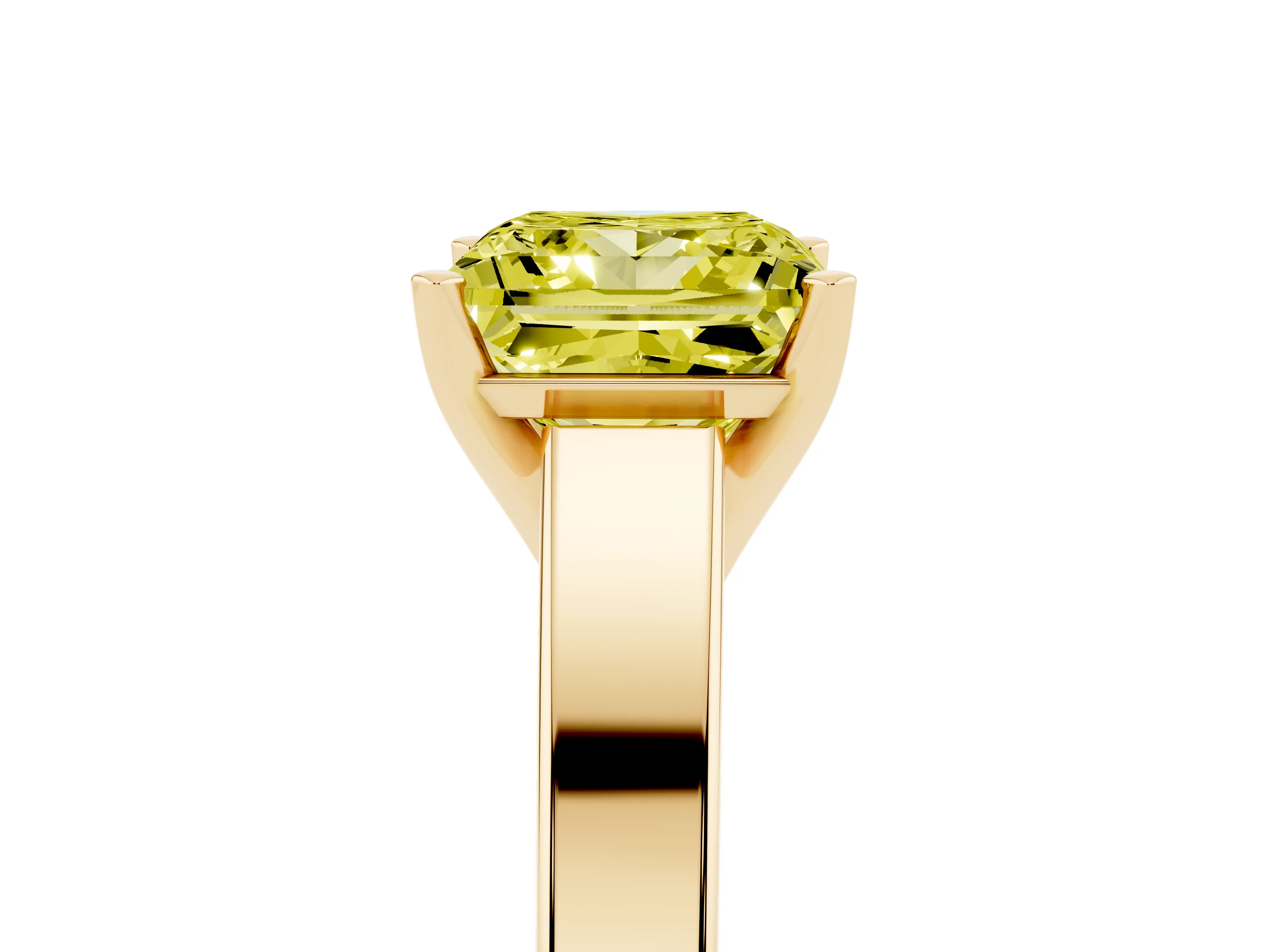 Fancy Yellow Princess Cut Diamond Solitaire Engagement Ring Set in Yellow gold with Prong Setting and Tapered Band