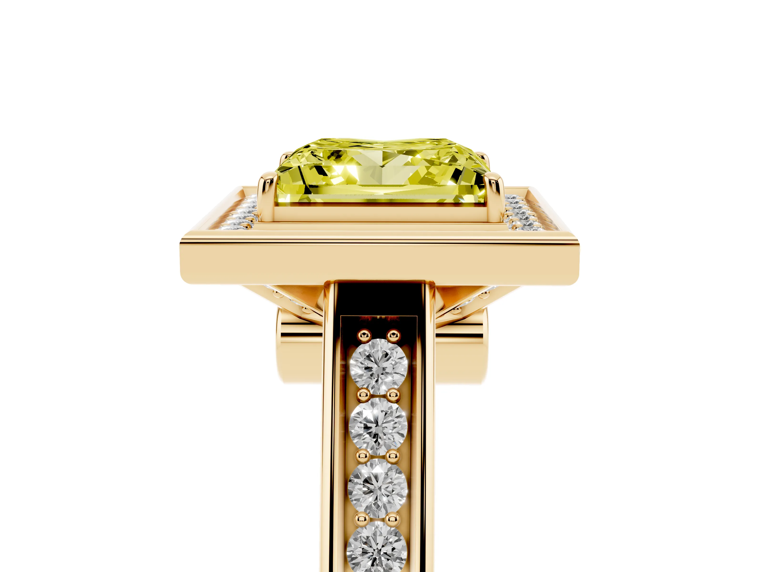 Fancy Yellow Princess Cut Diamond Halo Solitaire Ring Set in Yellow gold with Pavé Band and Bezel Setting