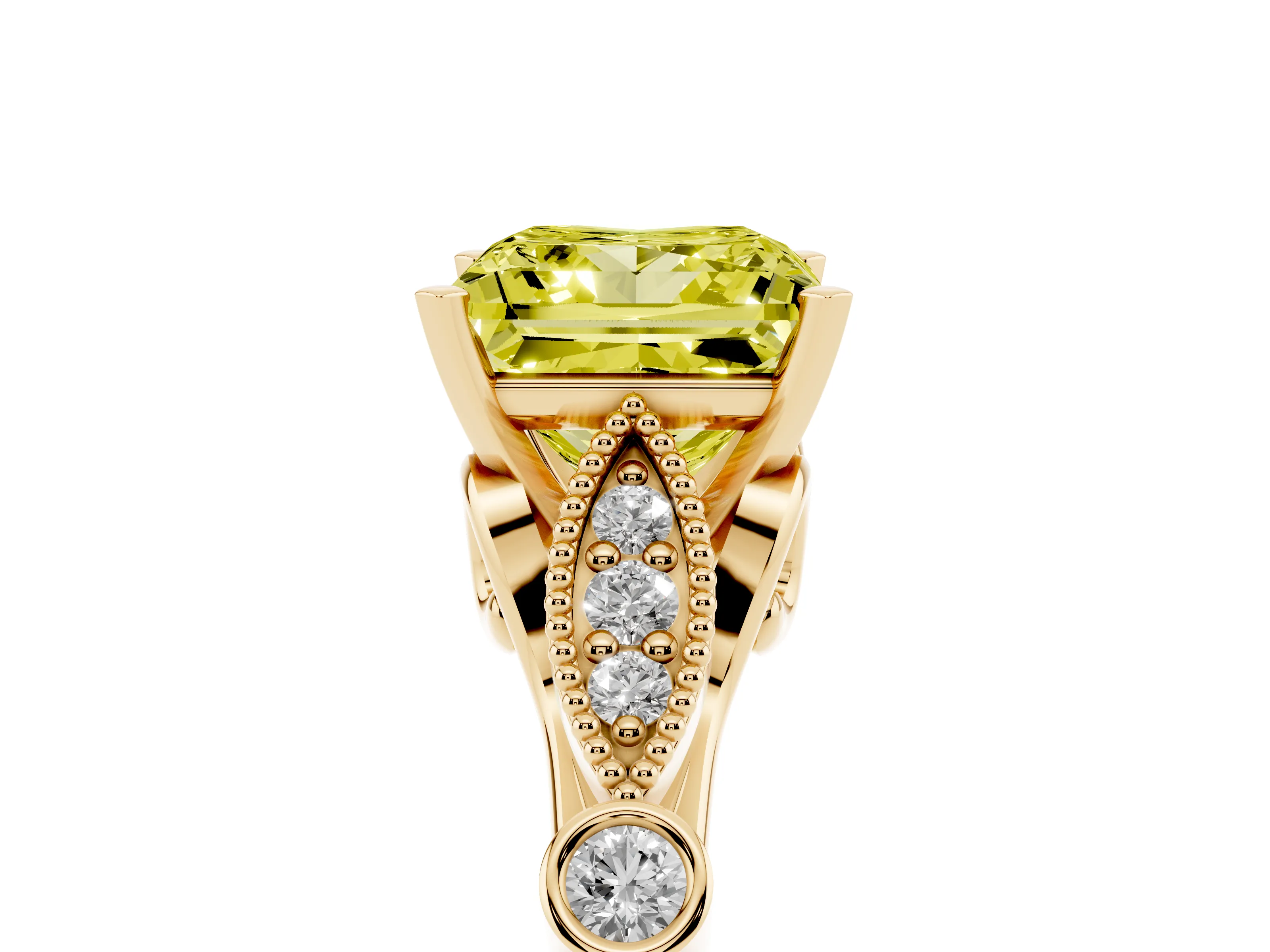 Fancy Yellow Princess Cut Diamond Solitaire Ring Set in Yellow gold with Milgrain Marquise and Bezel Accents