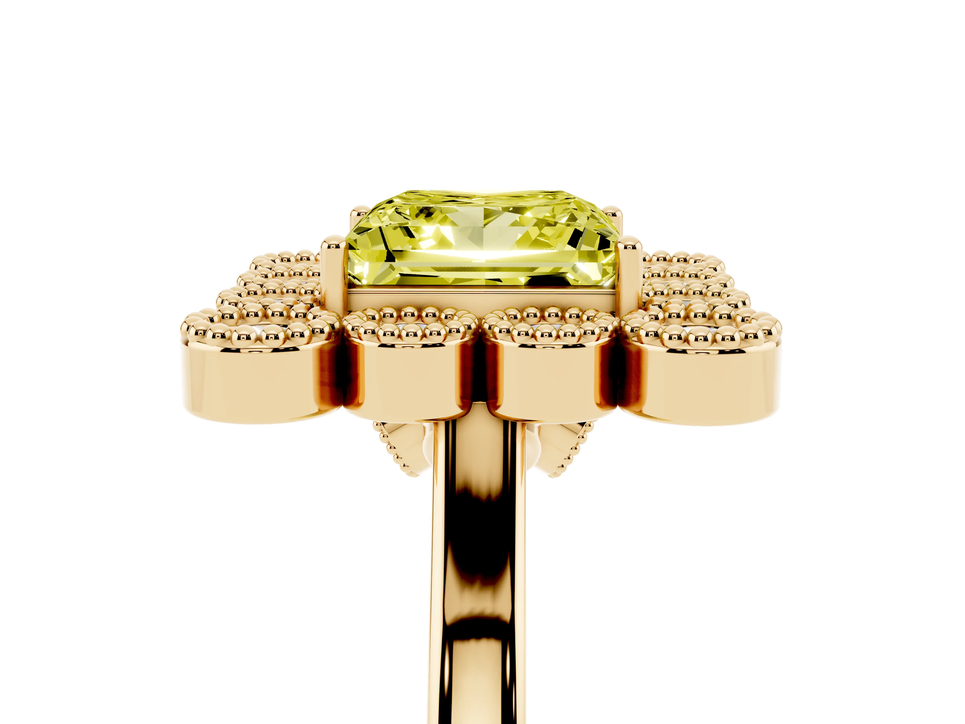 Fancy Yellow Princess Cut Diamond Cluster Halo Ring Set in Yellow gold with Milgrain Bezel Accents and Plain Band