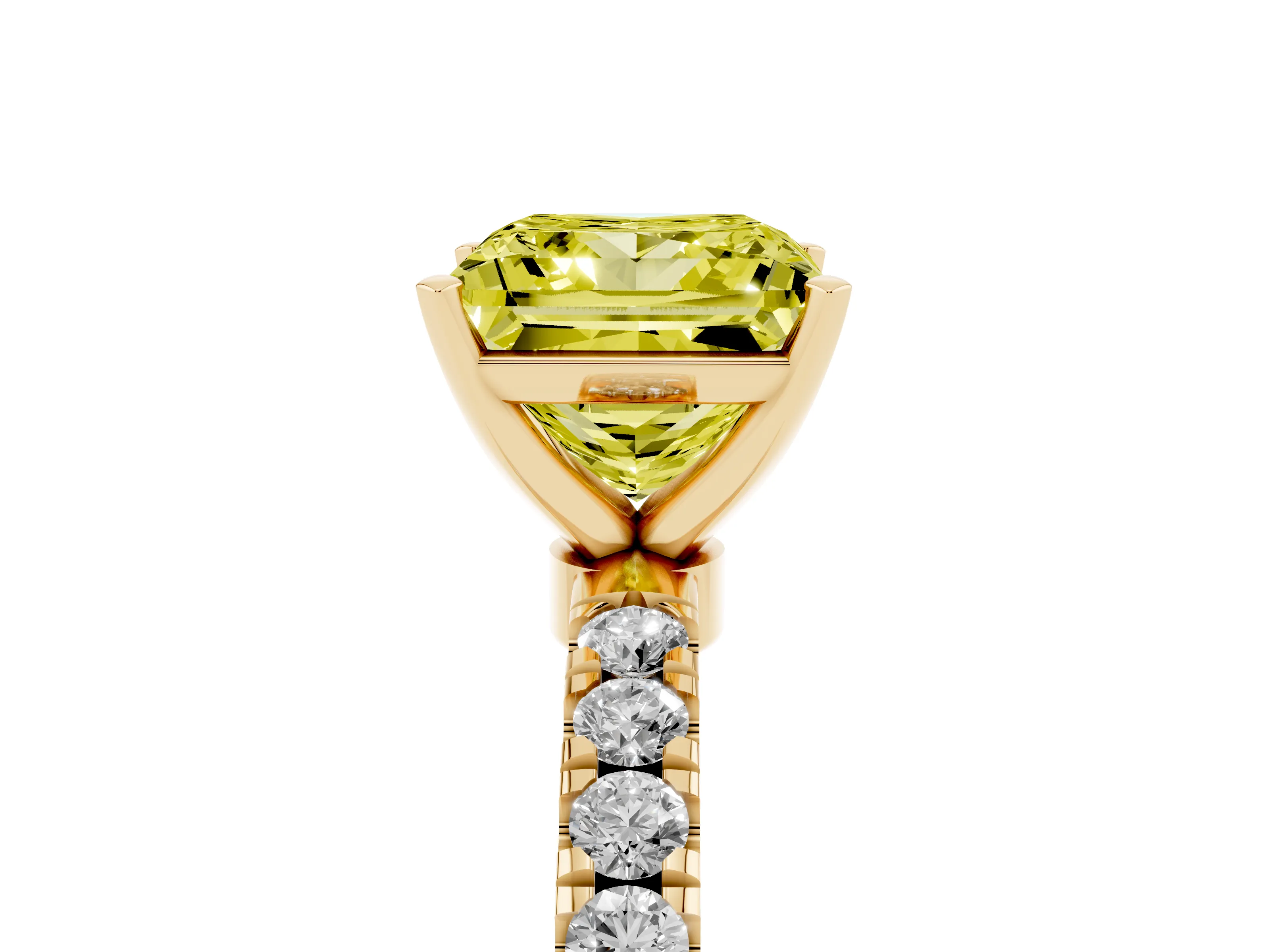 Fancy Yellow Princess Cut Diamond Solitaire Ring Set in Yellow gold with Pavé Accents and Prong Setting