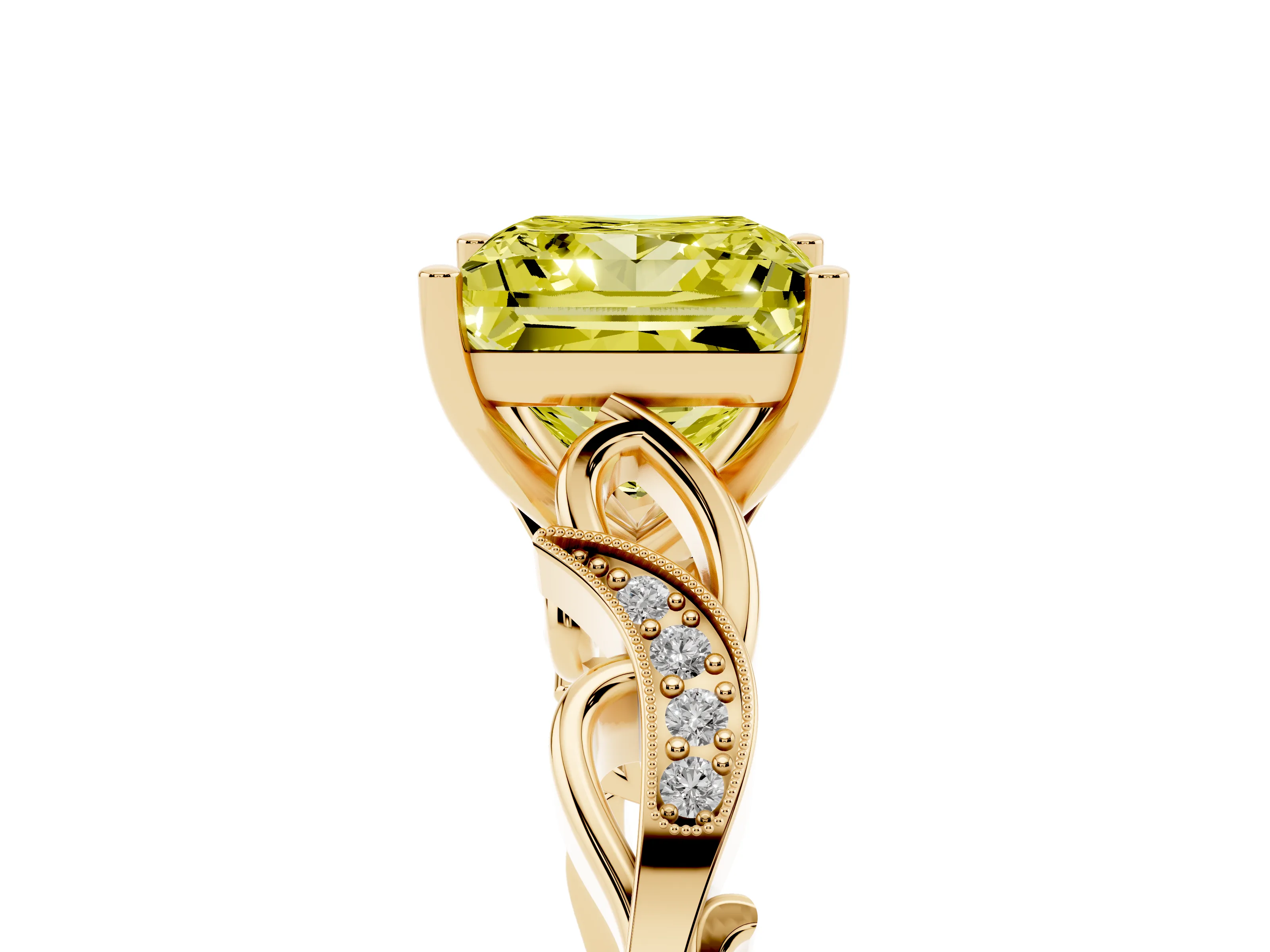 Fancy Yellow Princess Cut Diamond Vine Band Solitaire Ring Set in Yellow gold with Milgrain Prong Setting