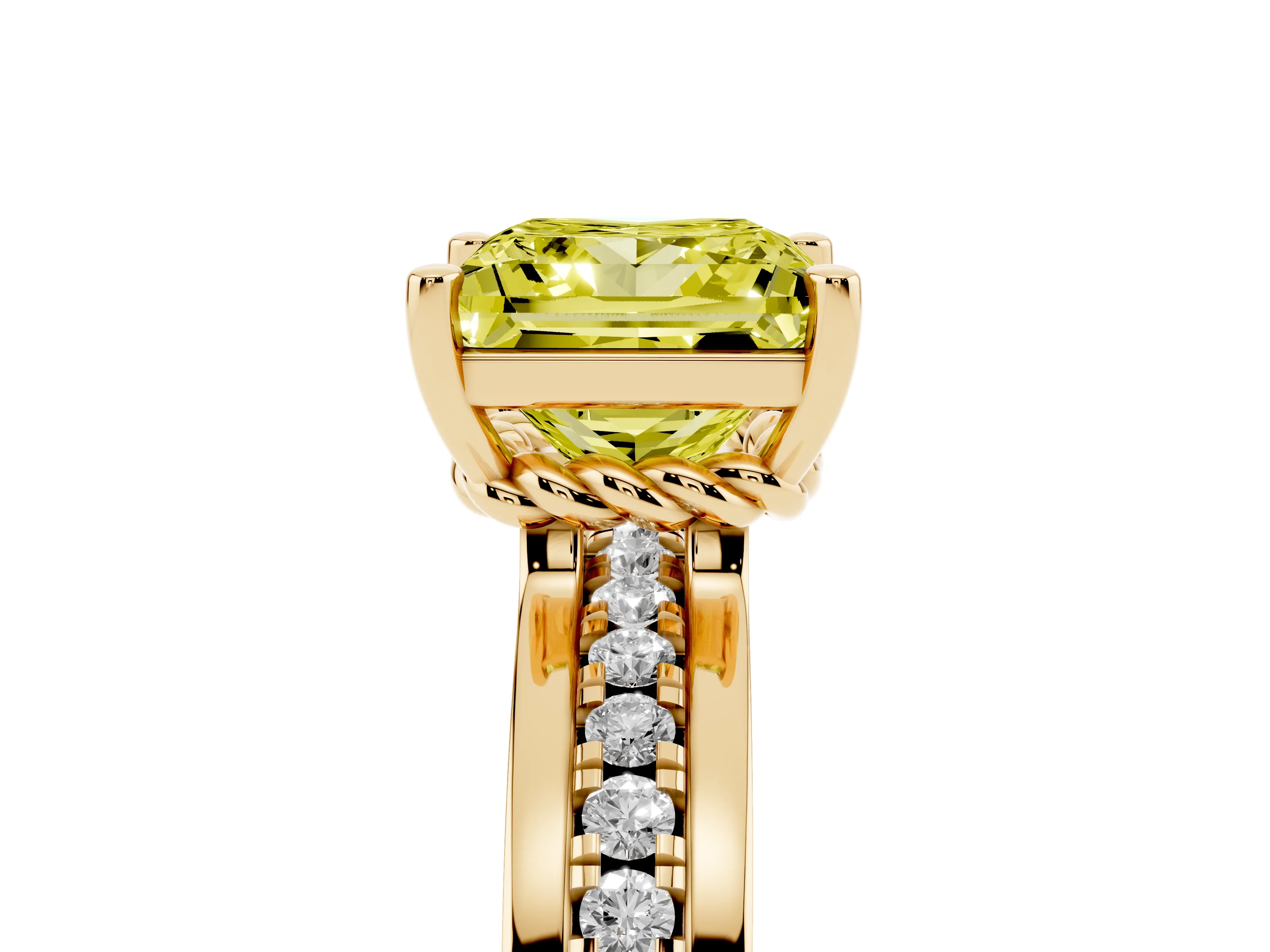 Fancy Yellow Princess Cut Diamond Solitaire Ring Set in Yellow gold with Channel Set Band and Prong Setting