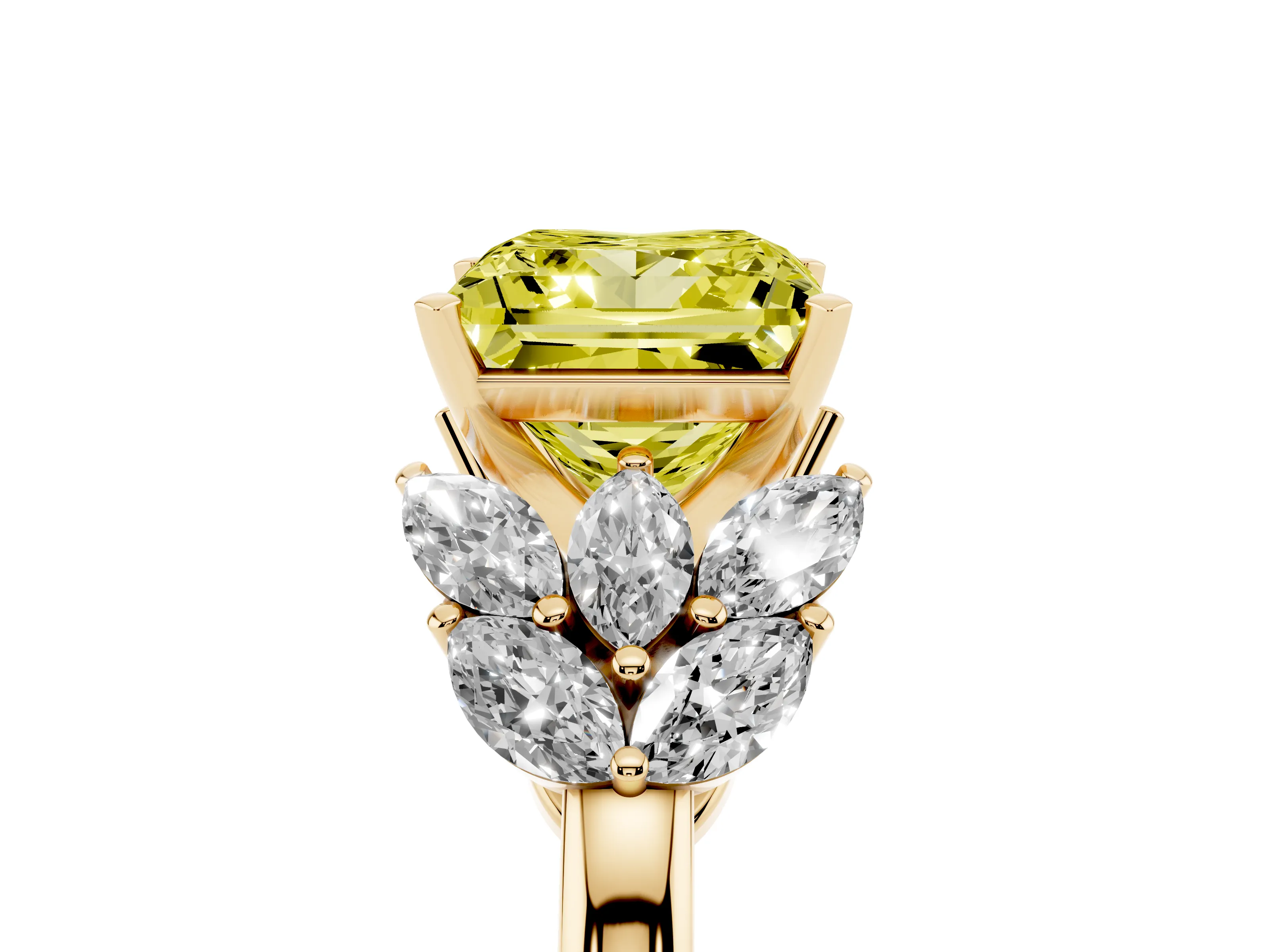 Fancy Yellow Princess Cut Diamond Cluster Leaf Design Ring Set in Yellow gold with Prong Setting