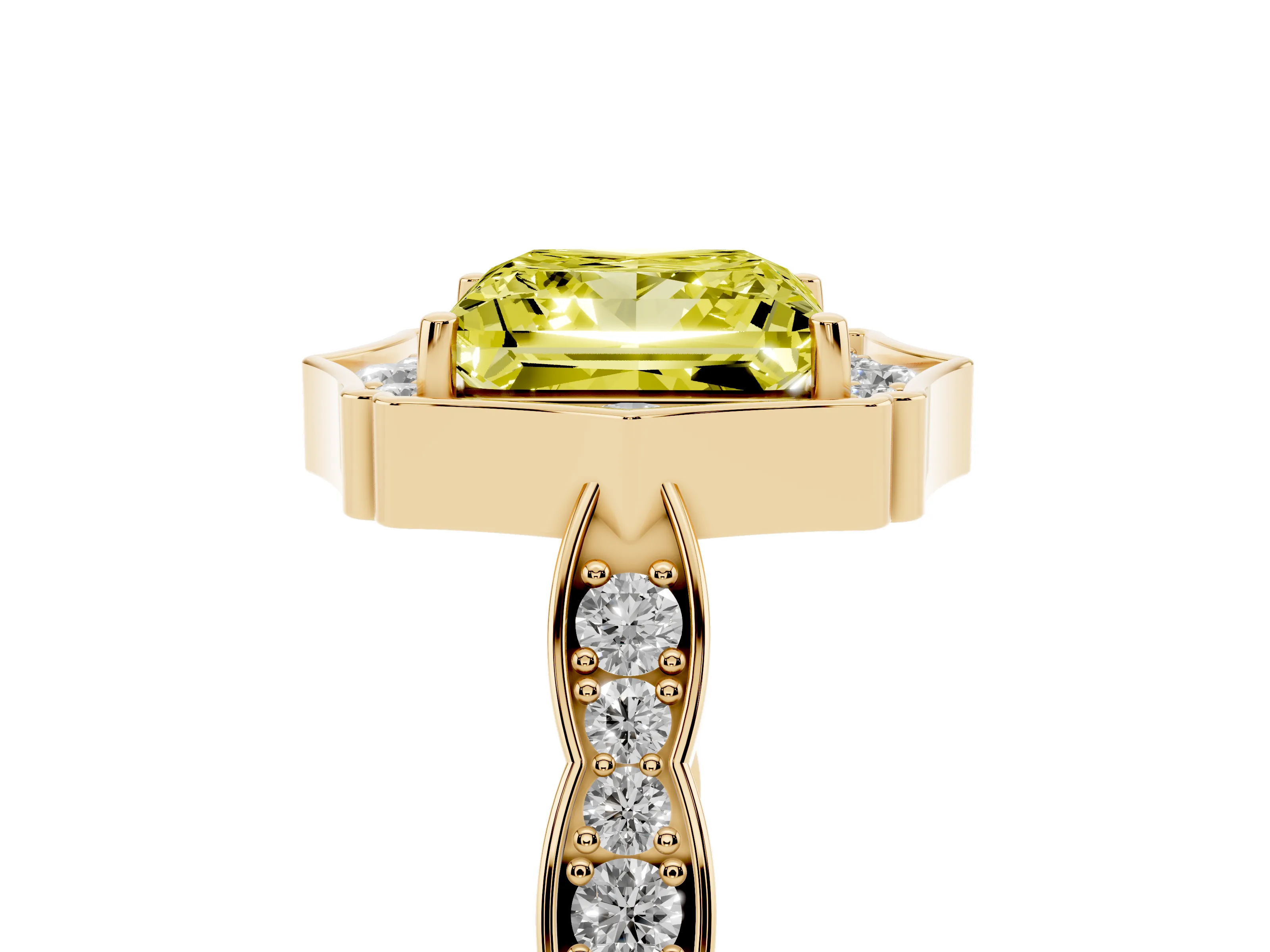 Fancy Yellow Princess Cut Diamond Halo Engagement Ring Set in Yellow gold with Milgrain Band and Prong Setting