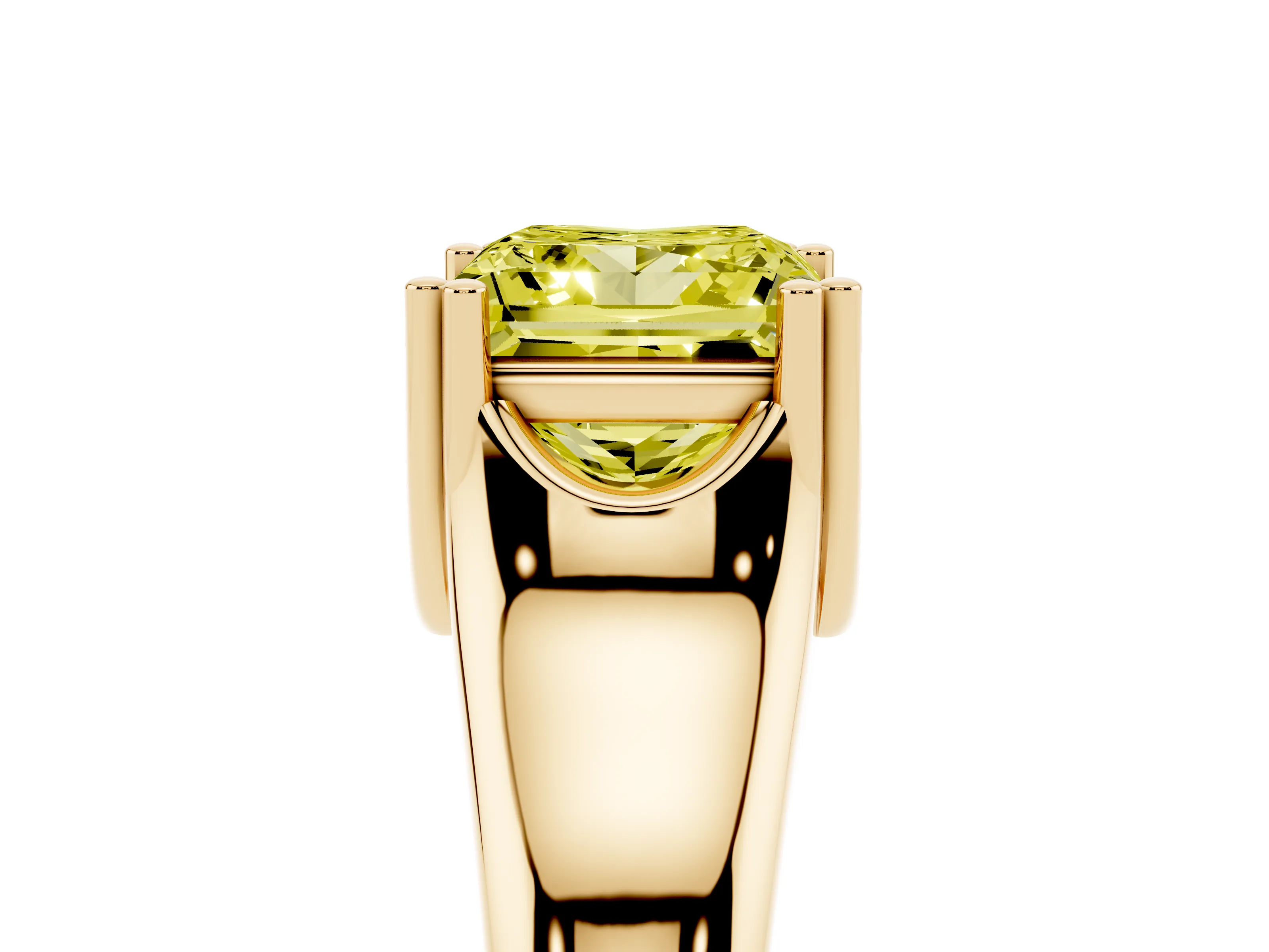 Fancy Yellow Princess Cut Diamond Solitaire Ring Set in Yellow gold with Wide Band and Prong Setting