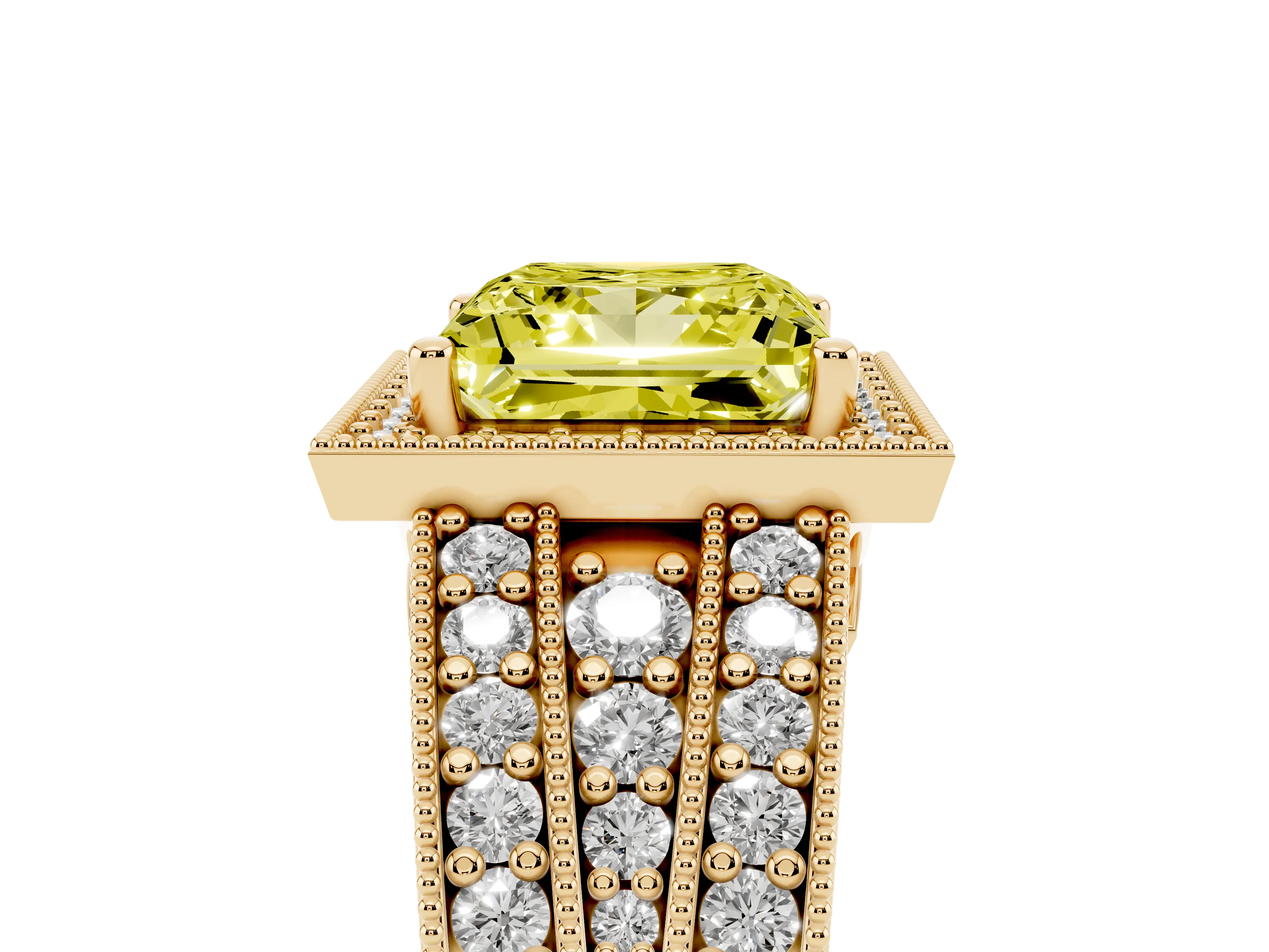 Fancy Yellow Princess Cut Diamond Halo Ring Set in Yellow gold with Accent Split Shank and Prong Setting