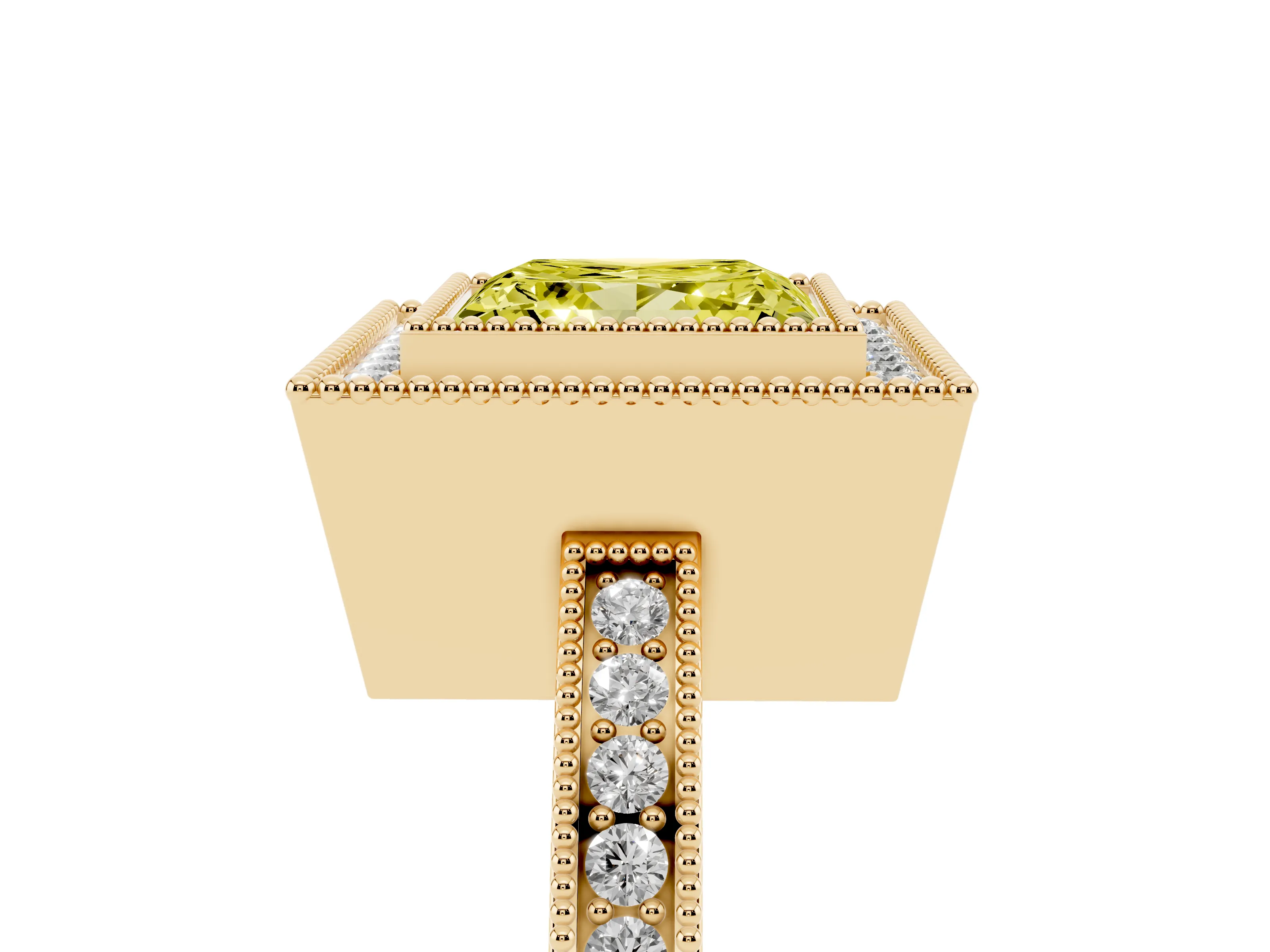 Fancy Yellow Princess Cut Diamond Halo Ring Set in Yellow gold with Pavé Band and Milgrain-Edged Prongs