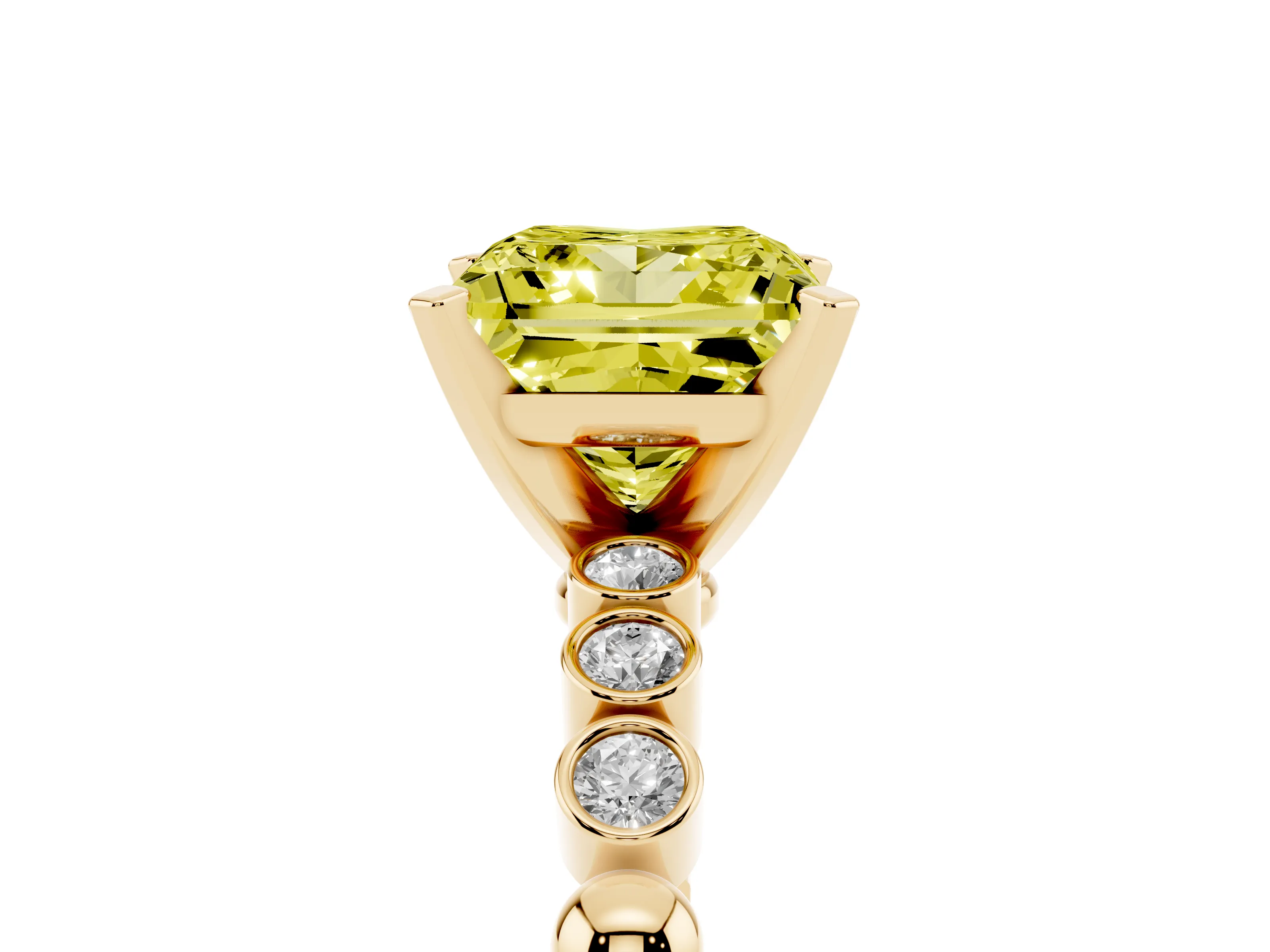 Fancy Yellow Princess Cut Diamond Solitaire Engagement Ring Set in Yellow gold with Bezel Accents on Beaded Band
