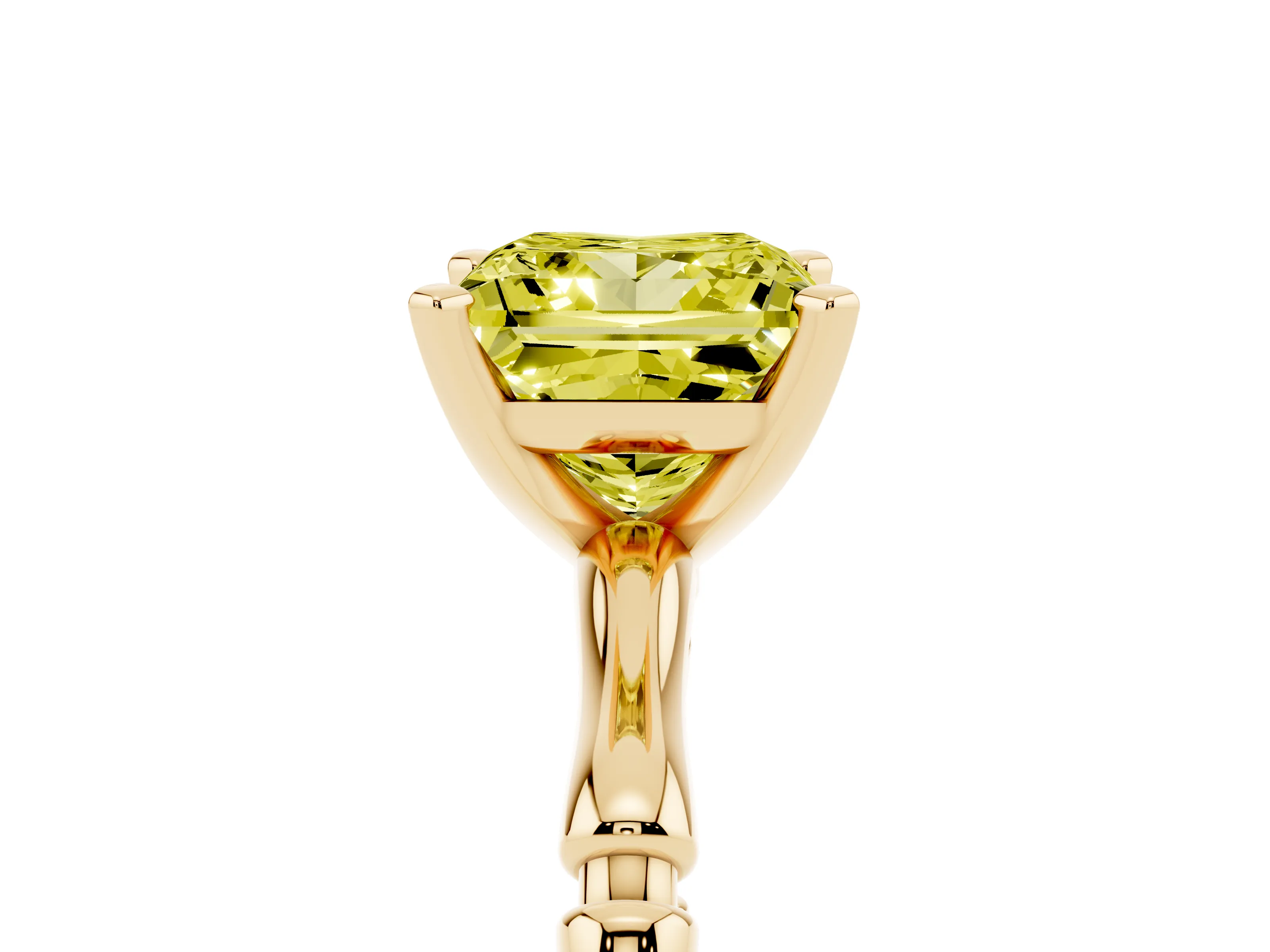 Fancy Yellow Princess Cut Diamond Solitaire Ring Set in Yellow gold with Bamboo Band and Prong Setting
