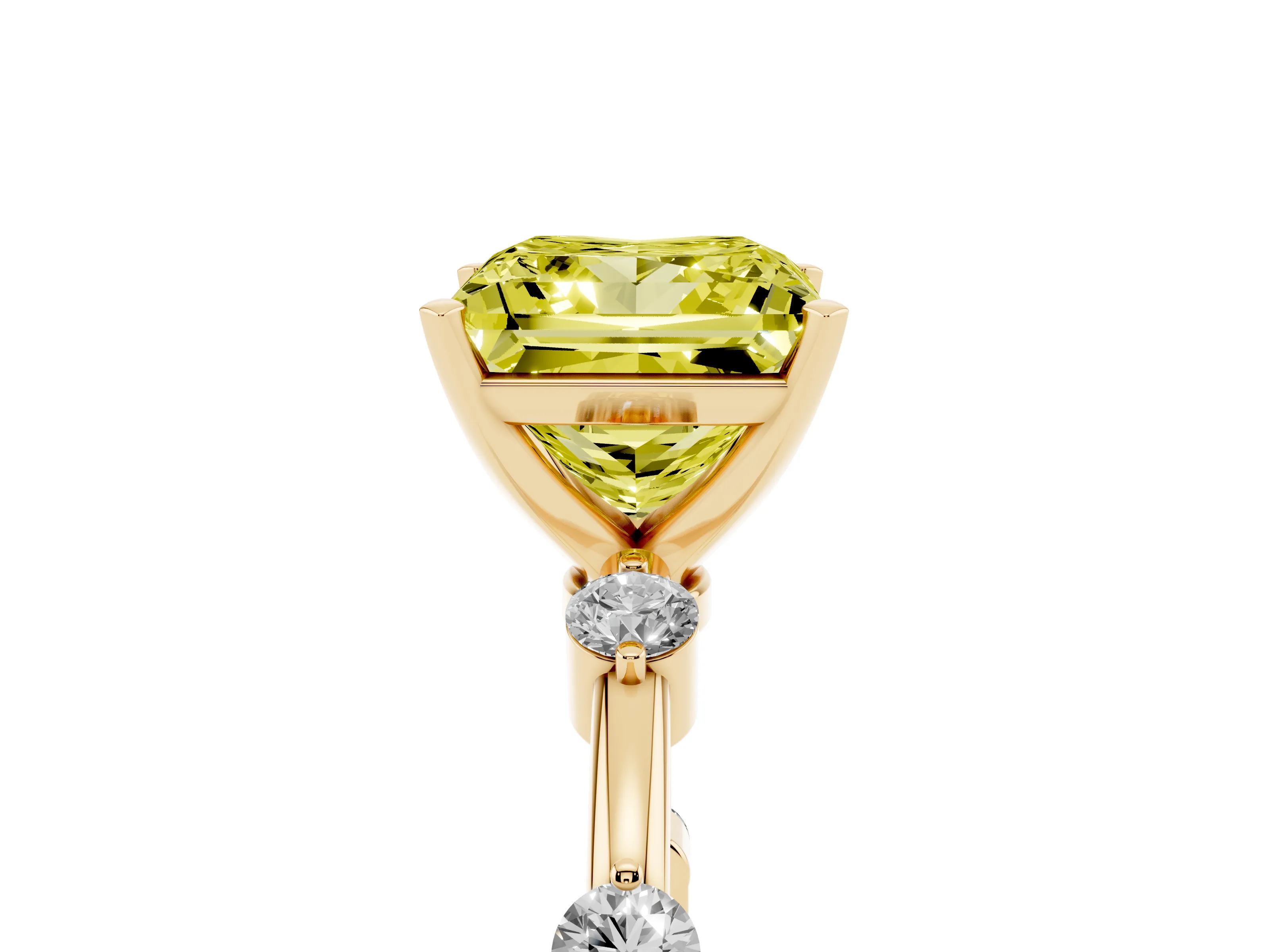 Fancy Yellow Princess Cut Diamond Solitaire Ring Set in Yellow gold with Bezel Set Side Stones and Prong Setting
