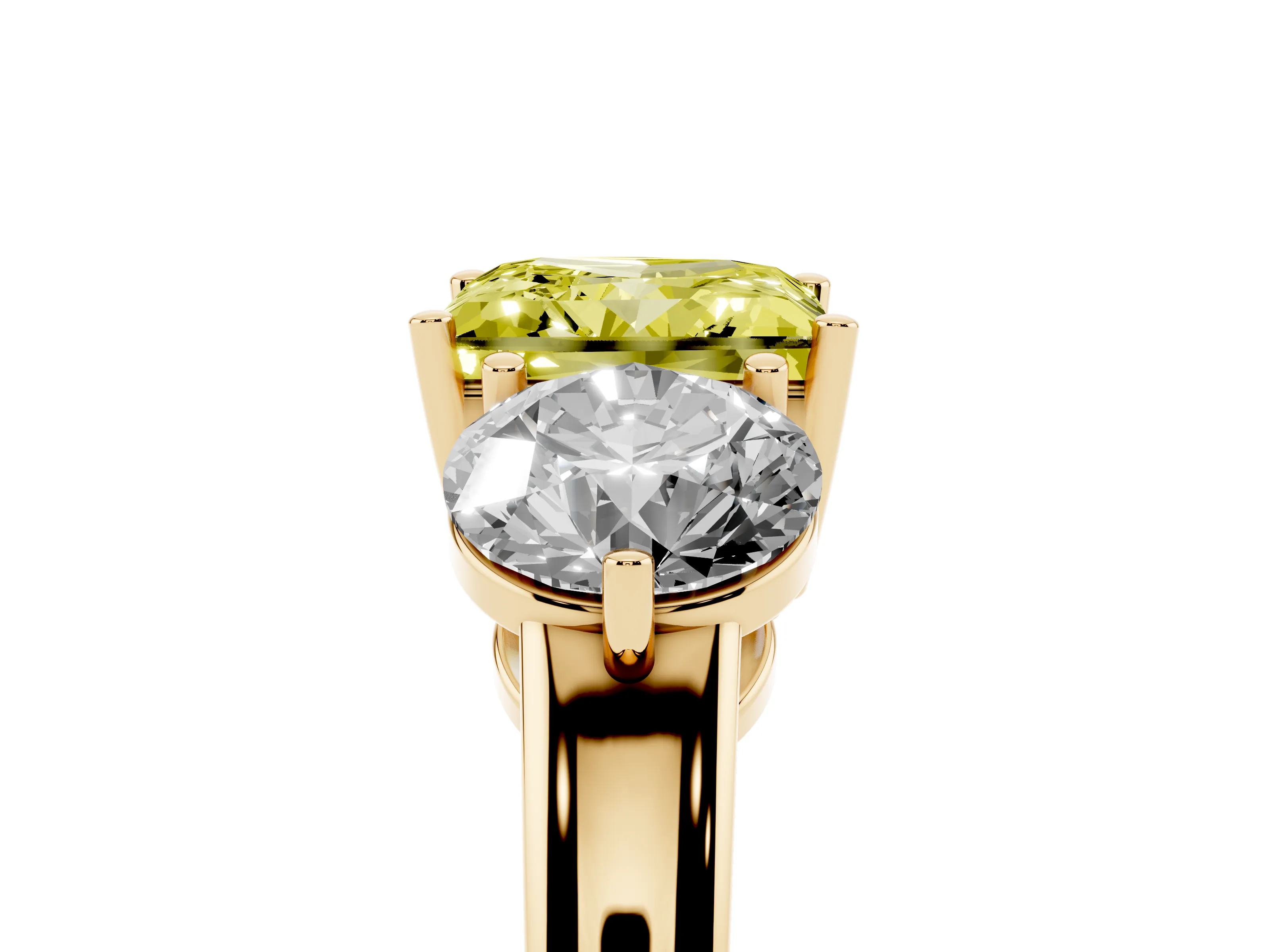 Fancy Yellow Princess Cut Diamond Three-Stone Ring Set in Yellow gold with Prong Setting and Plain Band