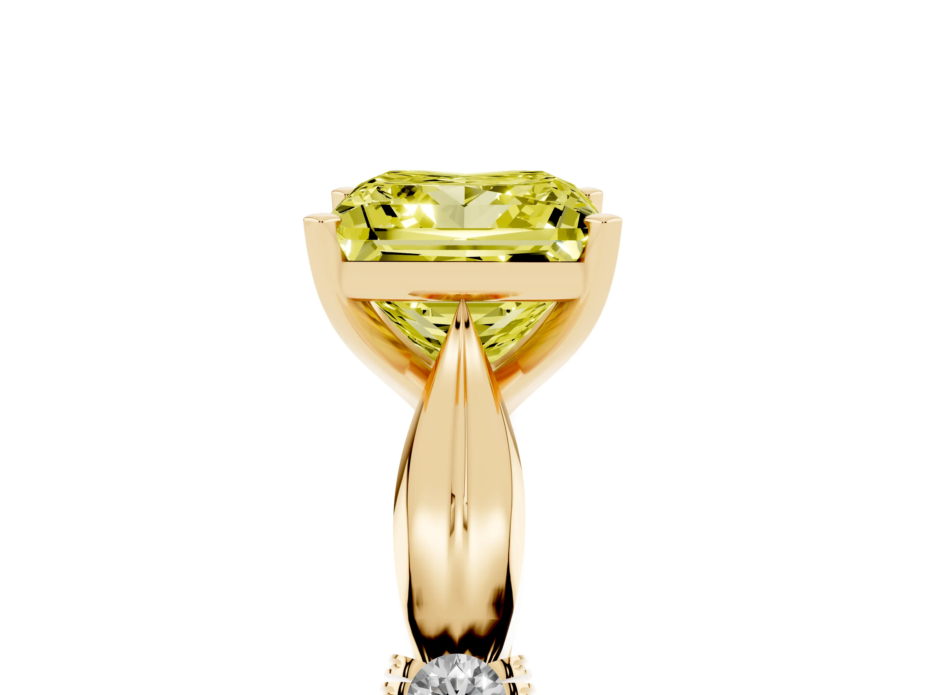 Fancy Yellow Princess Cut Diamond Solitaire Twisted Band Ring Set in Yellow gold with Accent Stones and Prong Setting
