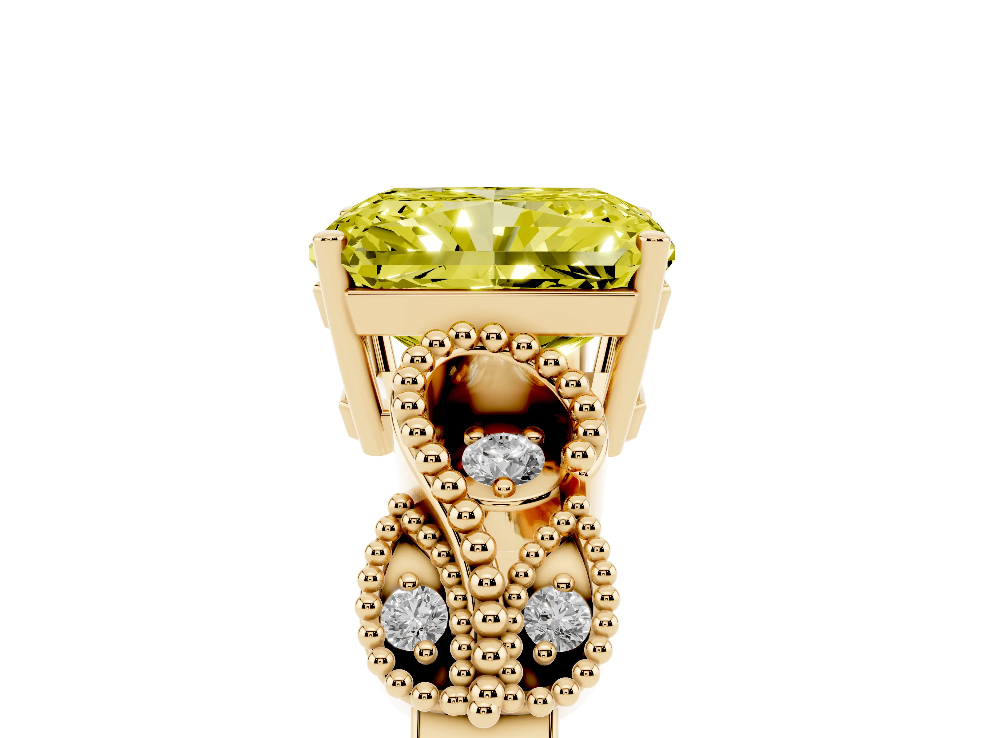 Fancy Yellow Princess Cut Diamond Milgrain Leaf Band Solitaire Ring Set in Yellow gold with Accent Stones and Prong Setting