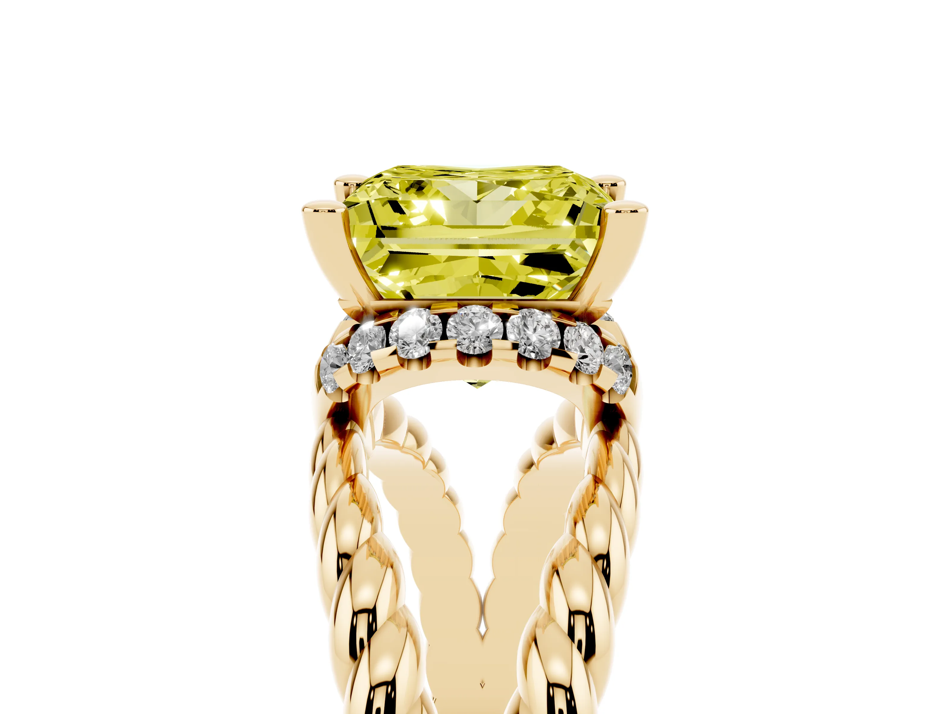 Fancy Yellow Princess Cut Diamond Halo Ring Set in Yellow gold with Twisted Band and Prong Setting