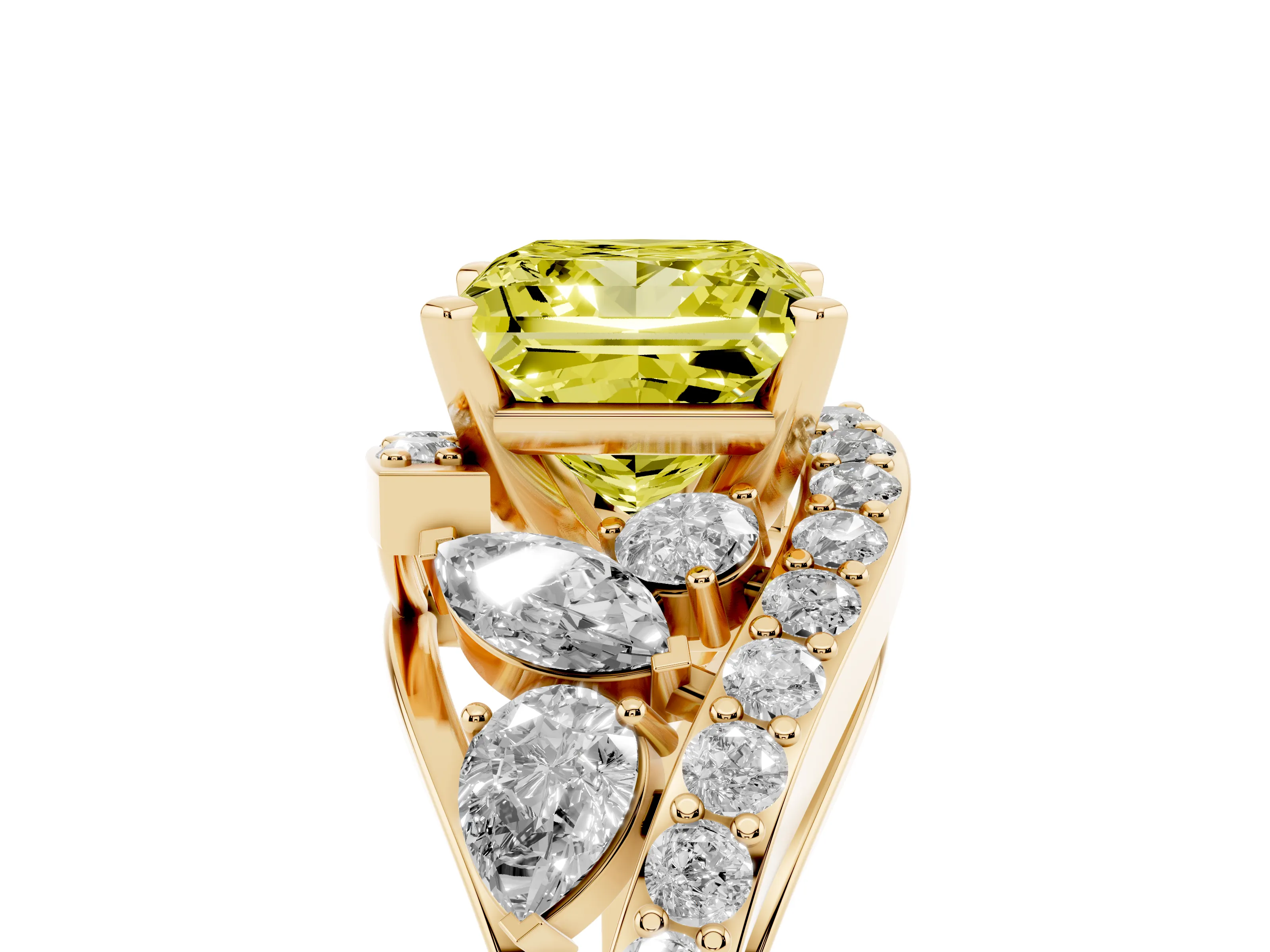 Fancy Yellow Princess Cut Diamond Halo Ring Set in Yellow gold with Marquise and Pavé Band in Prong Setting