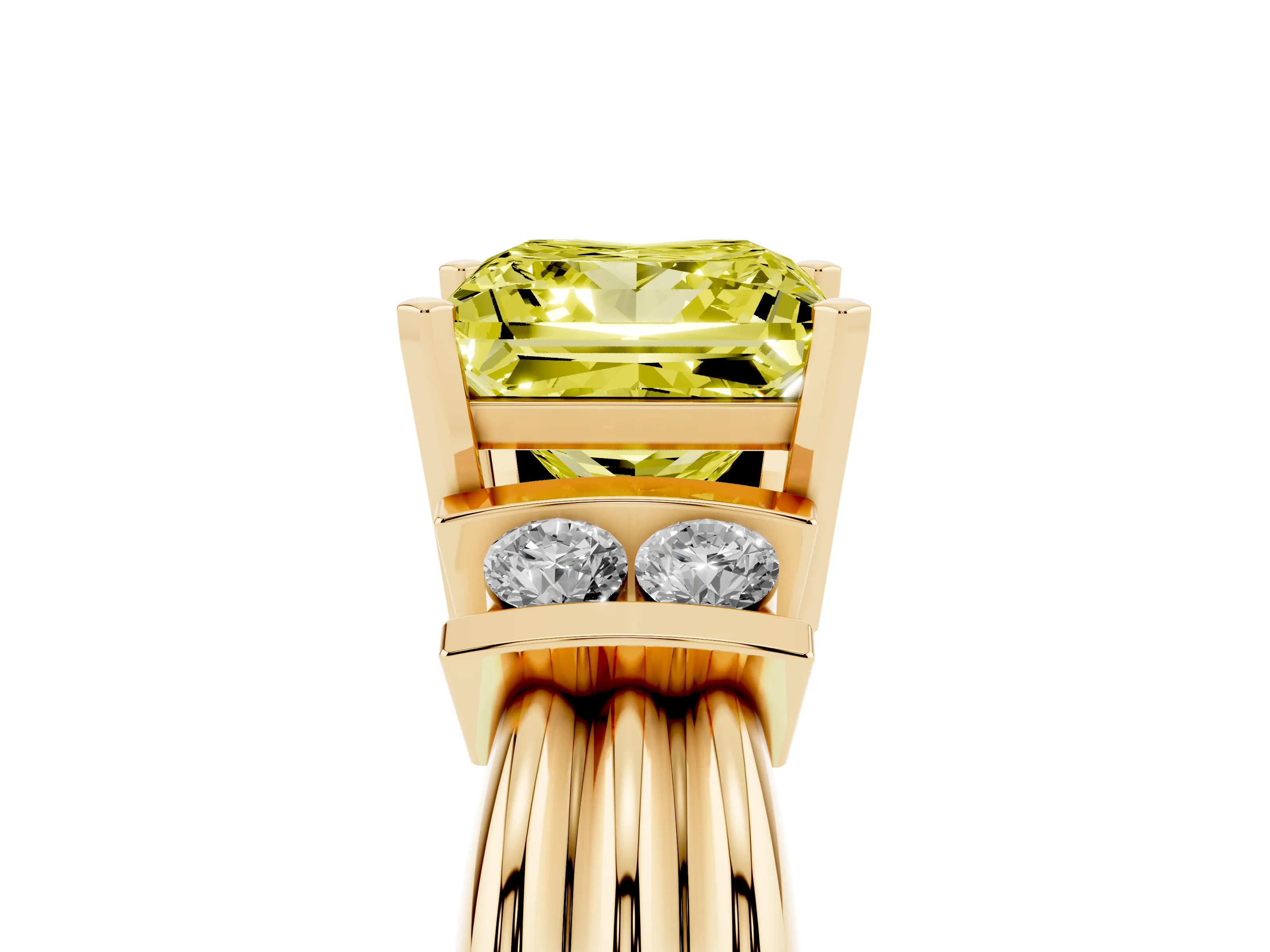 Fancy Yellow Three-Stone Princess Cut Diamond Channel Set Ring Set in Yellow gold with Bar Prongs