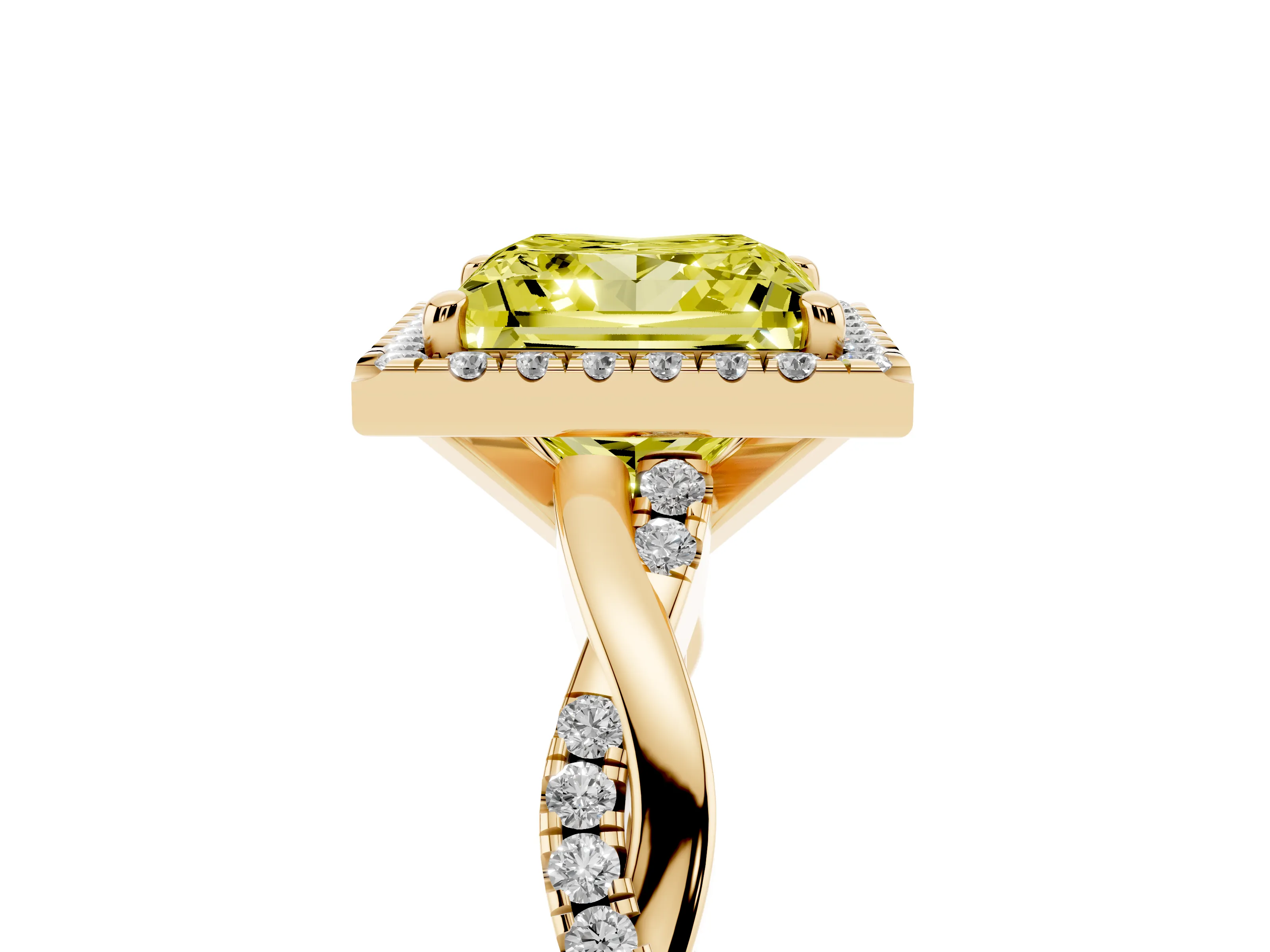 Fancy Yellow Princess Cut Diamond Halo Twisted Band Ring Set in Yellow gold with Prong Setting