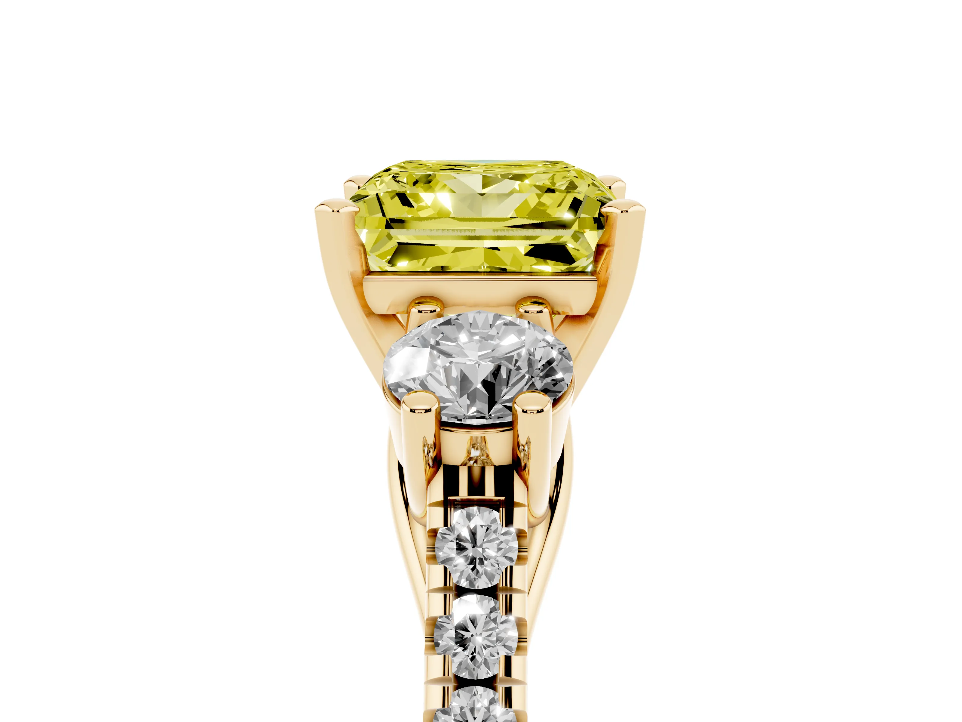 Fancy Yellow Three-Stone Princess Cut Diamond Pavé Band Ring Set in Yellow gold with Prong-Set Trio
