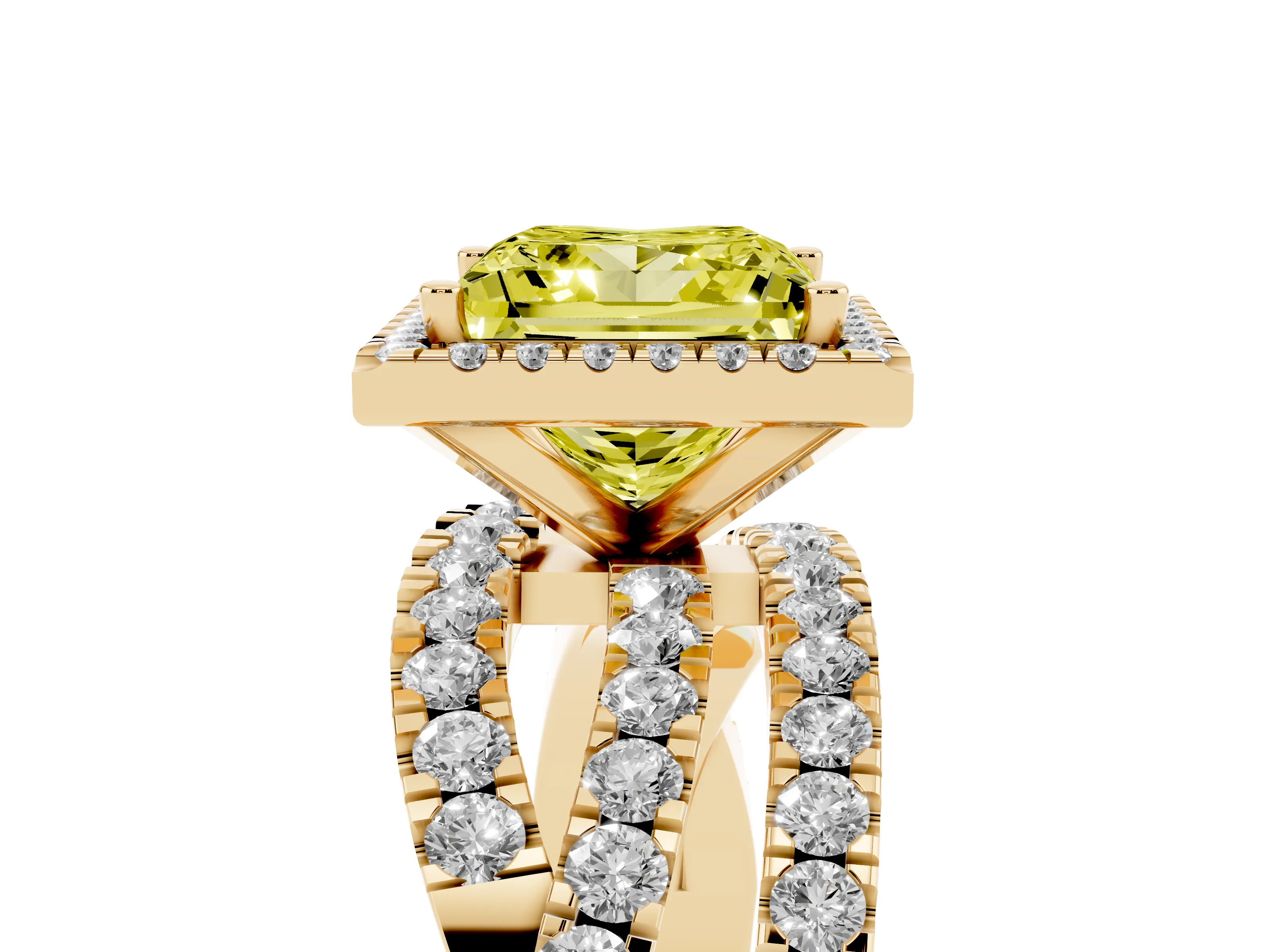 Fancy Yellow Princess Cut Diamond Halo Ring Set in Yellow gold with Round Crossover Split Shank and Prong Setting