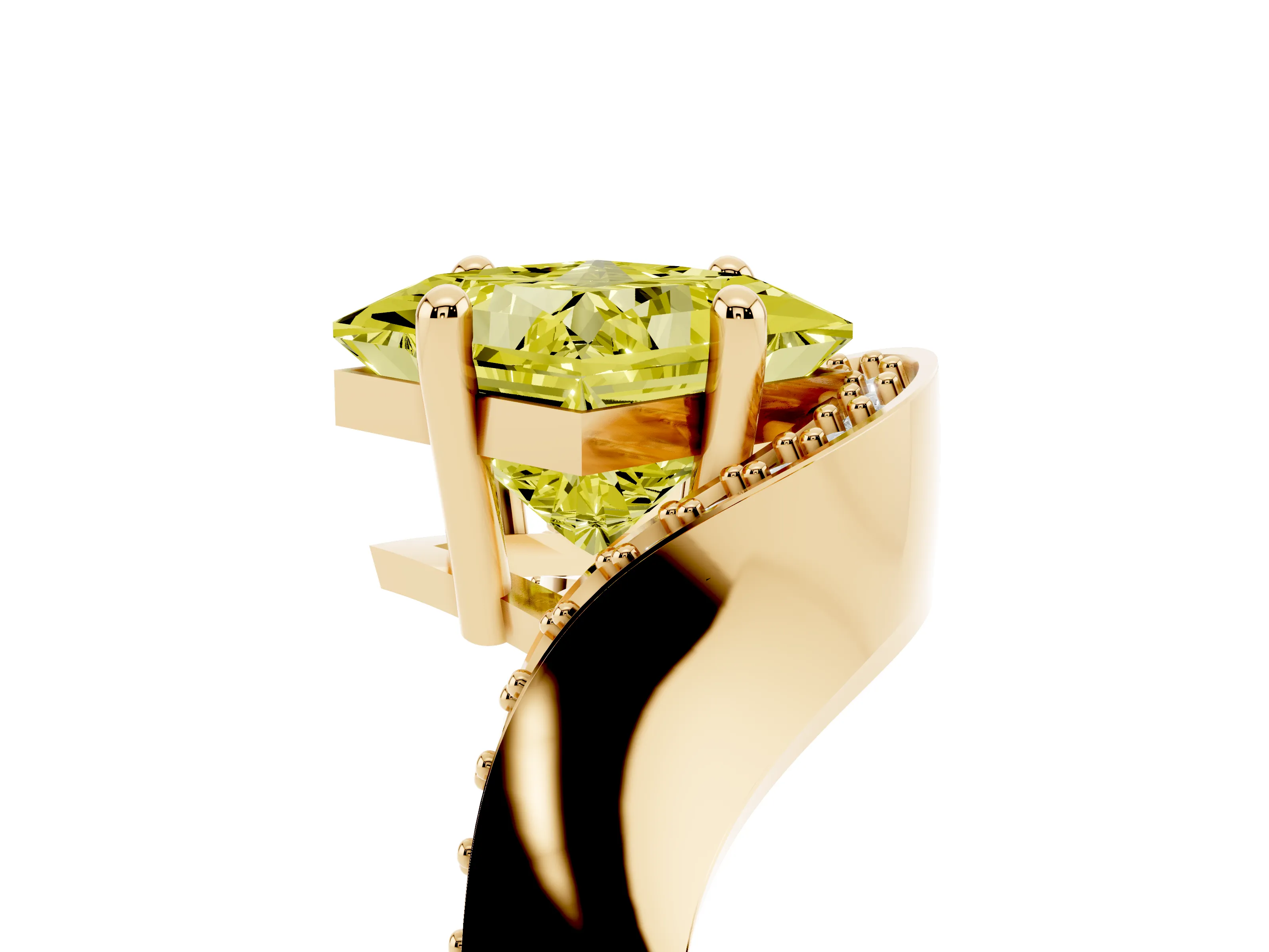 Fancy Yellow Princess Cut Diamond Solitaire Engagement Ring Set in Yellow gold with Pavé Shoulders