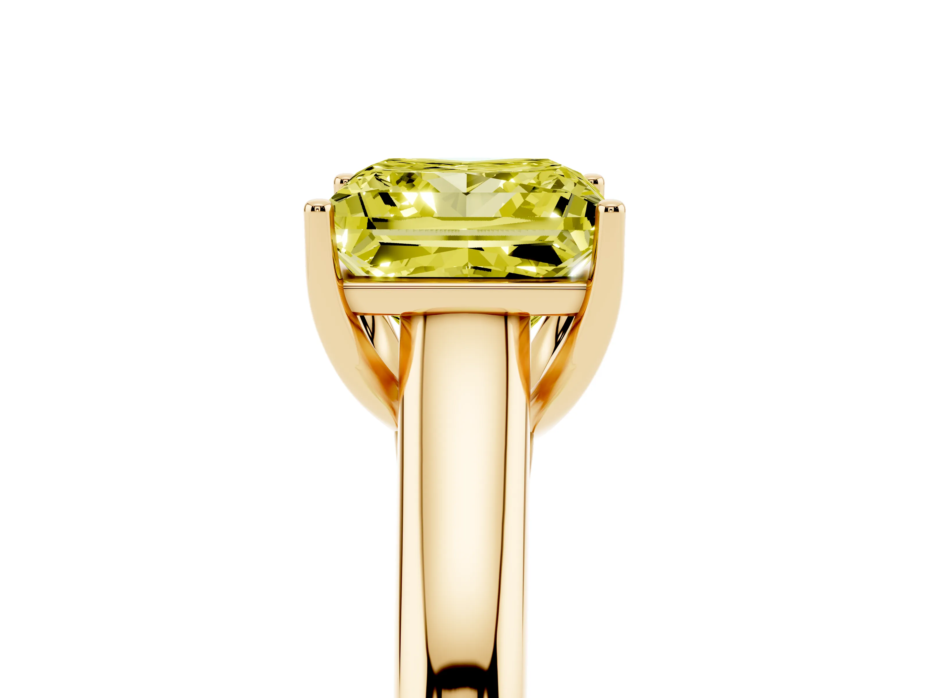 Fancy Yellow Princess Cut Diamond Solitaire Engagement Ring Set in Yellow gold with Subtly Tapered Band and Prong Setting