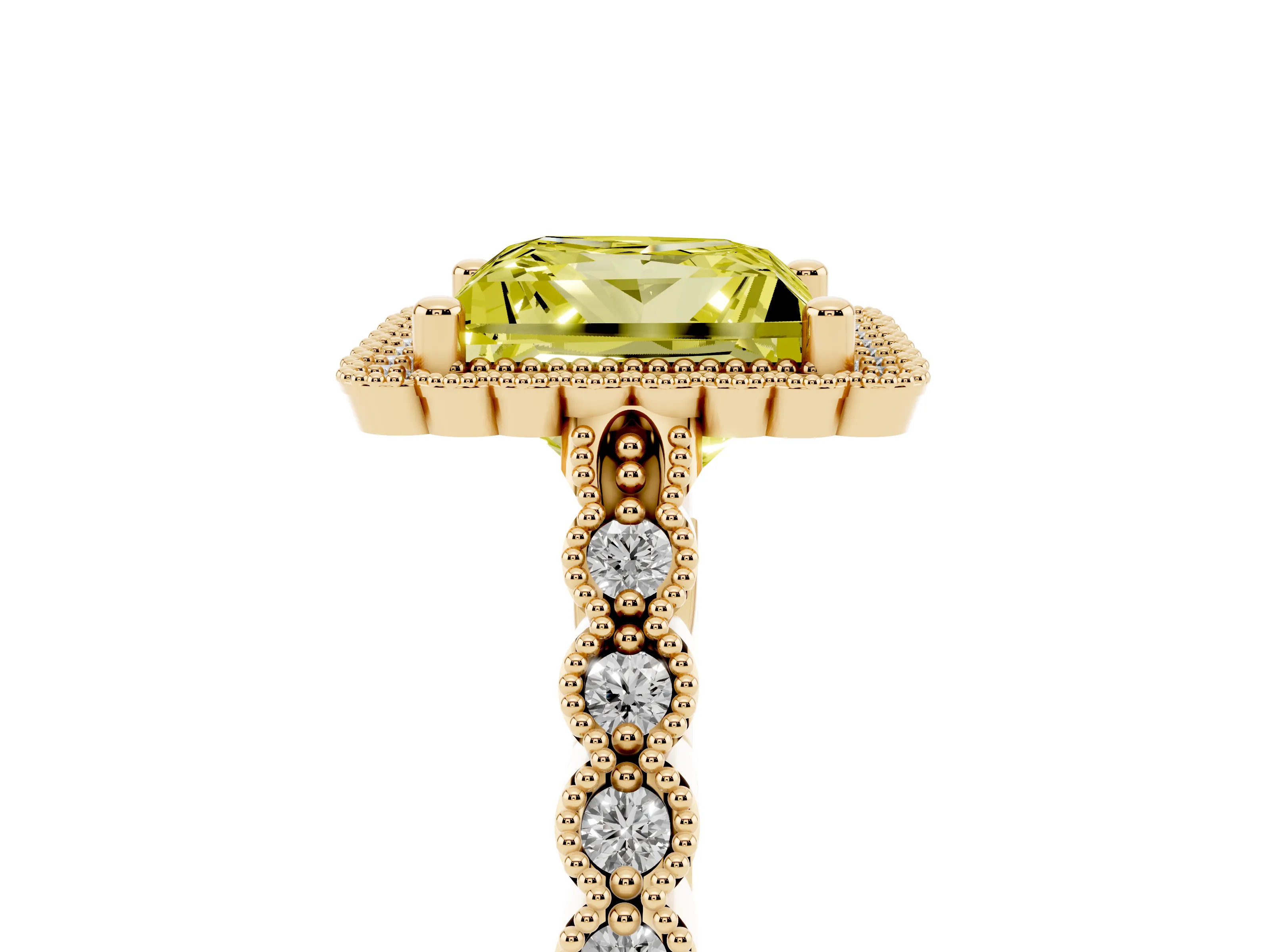 Fancy Yellow Princess Cut Diamond Halo Ring Set in Yellow gold with Pavé Milgrain Band