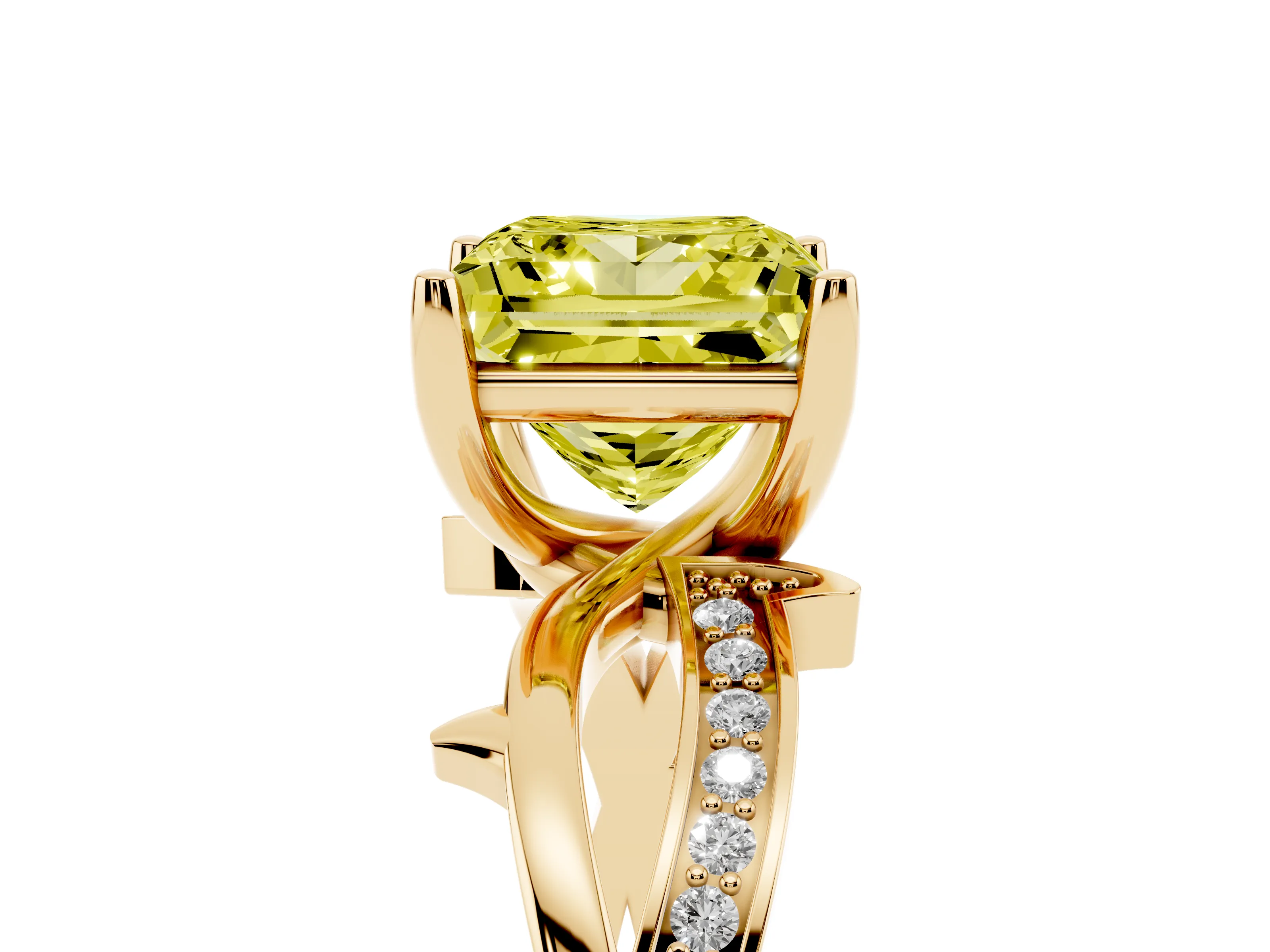 Fancy Yellow Princess Cut Diamond Pavé Twist Band Solitaire Ring Set in Yellow gold with Prong Setting