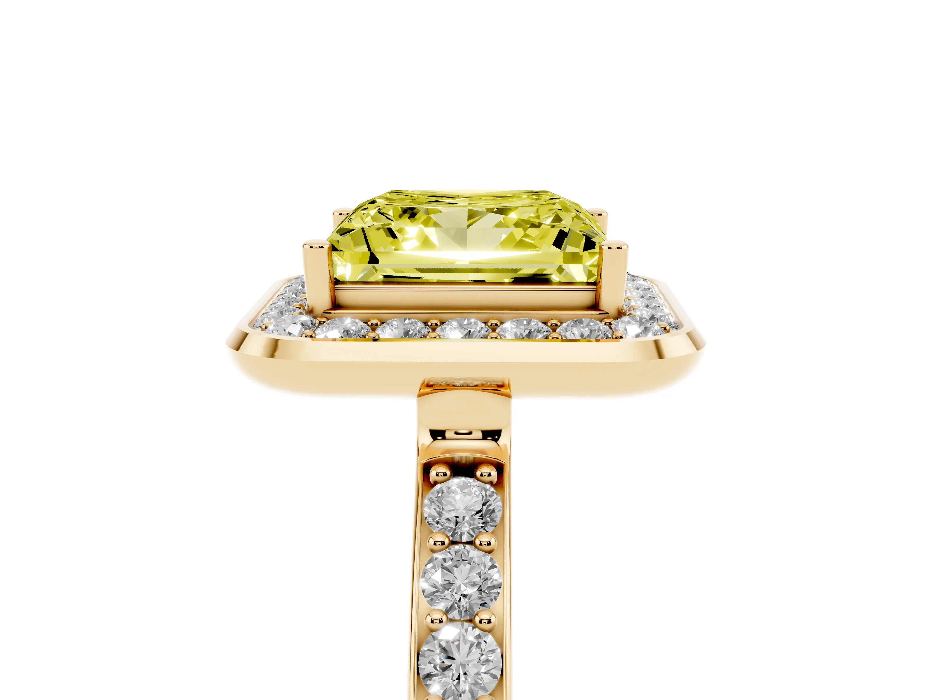 Fancy Yellow Princess Cut Diamond Halo Ring Set in Yellow gold with Bezel Frame and Pavé Band