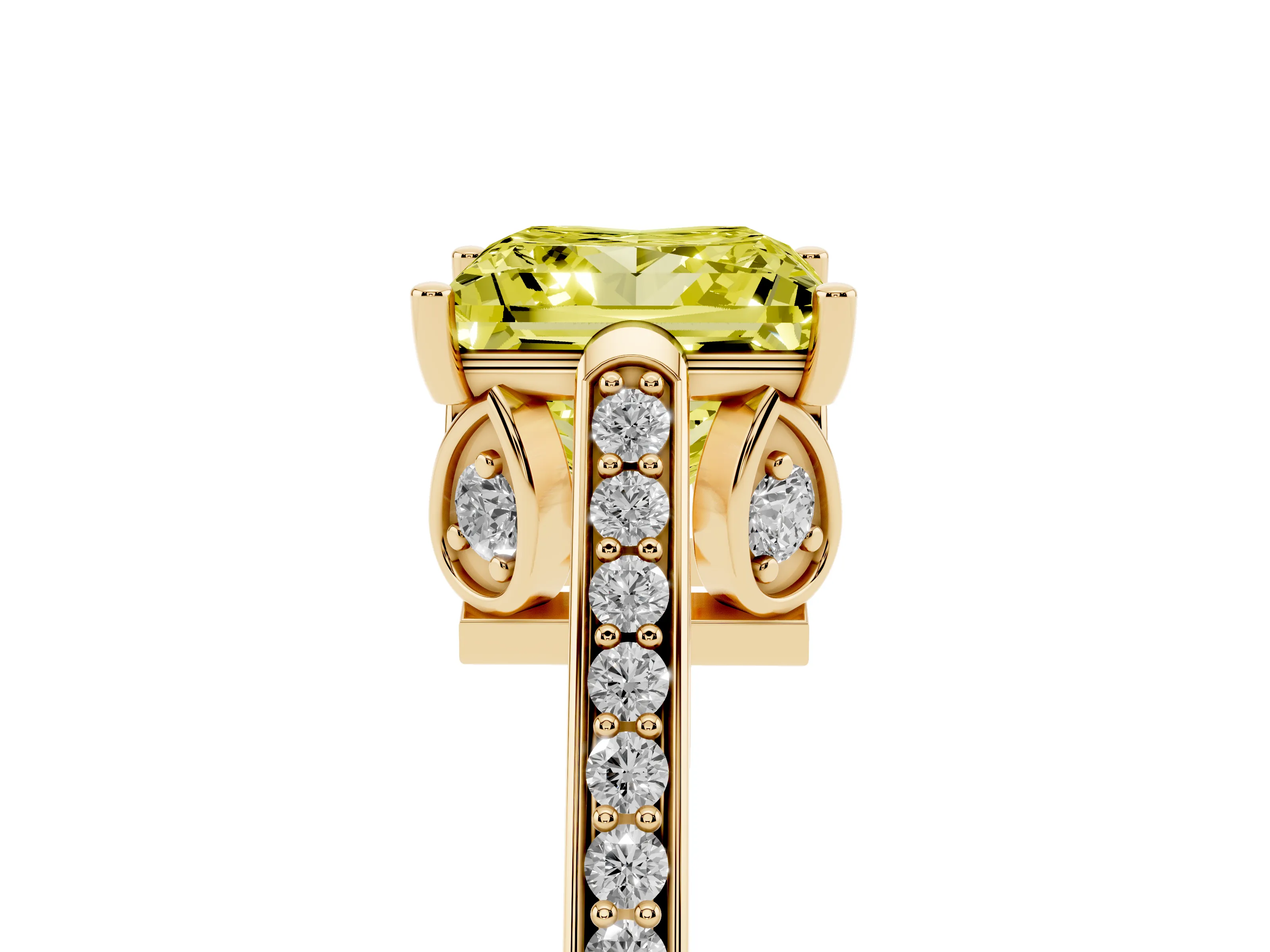 Fancy Yellow Princess Cut Diamond Cathedral Pavé Engagement Ring Set in Yellow gold with Prong Setting