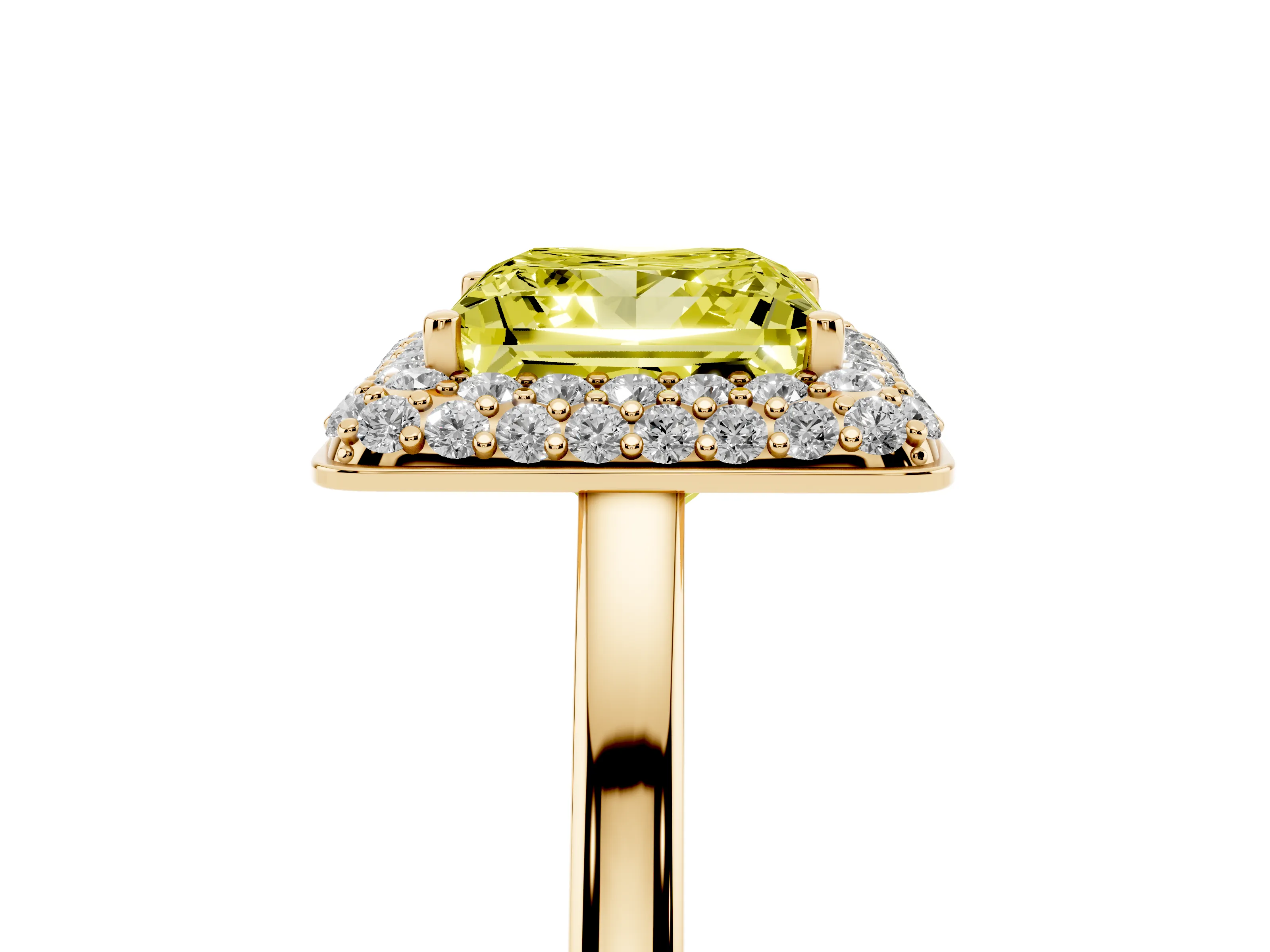 Fancy Yellow Princess Cut Diamond Halo Engagement Ring Set in Yellow gold with Solitaire Band and Prong Setting