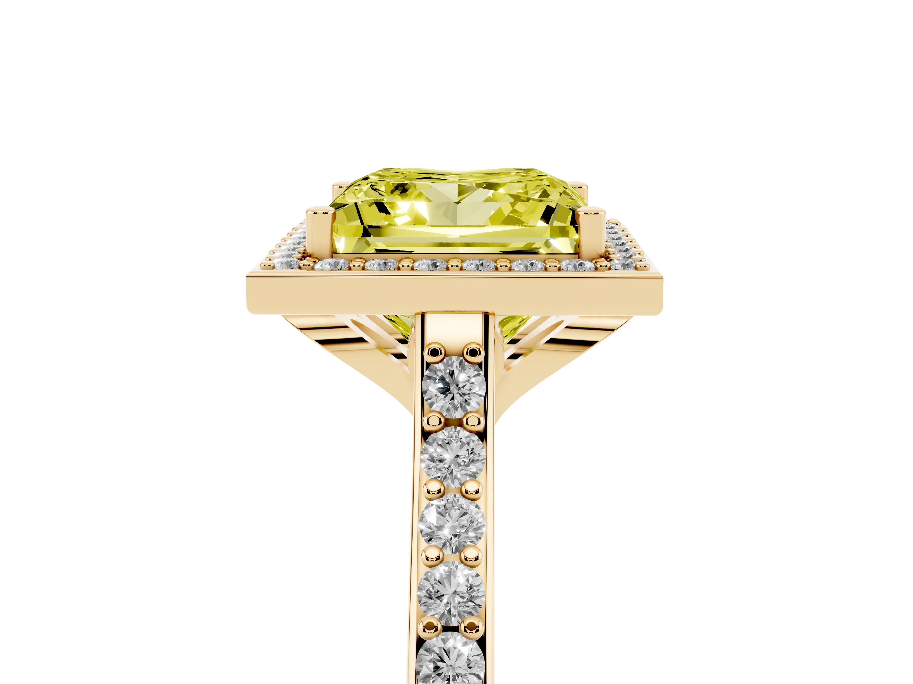 Fancy Yellow Princess Cut Diamond Halo Engagement Ring Set in Yellow gold with Round Pavé Shoulders and Heart Gallery