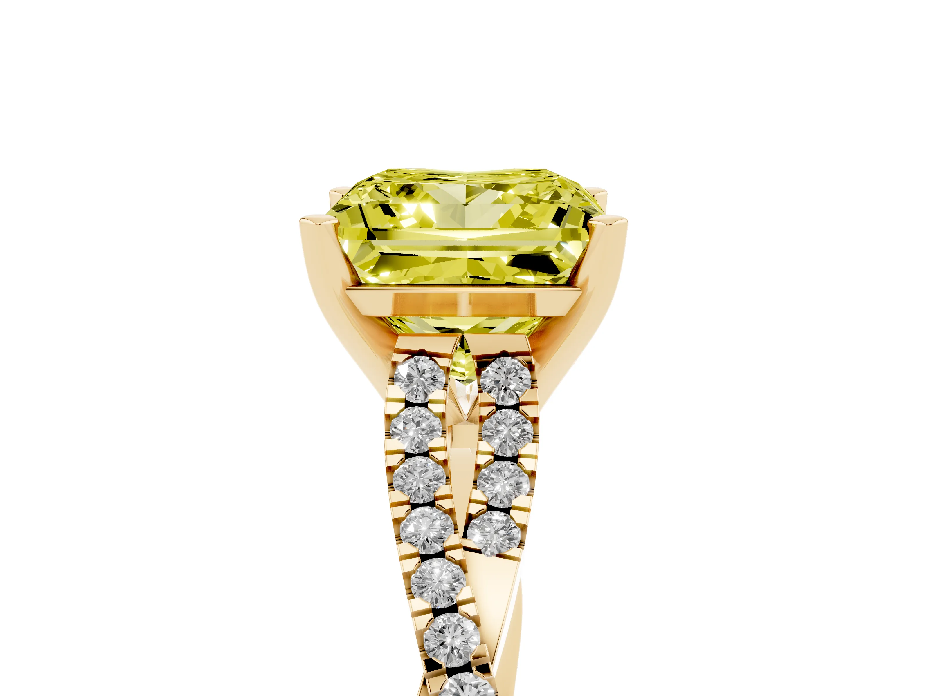 Fancy Yellow Princess Cut Diamond Solitaire Engagement Ring Set in Yellow gold with Twisted Pavé Band and Prong Setting