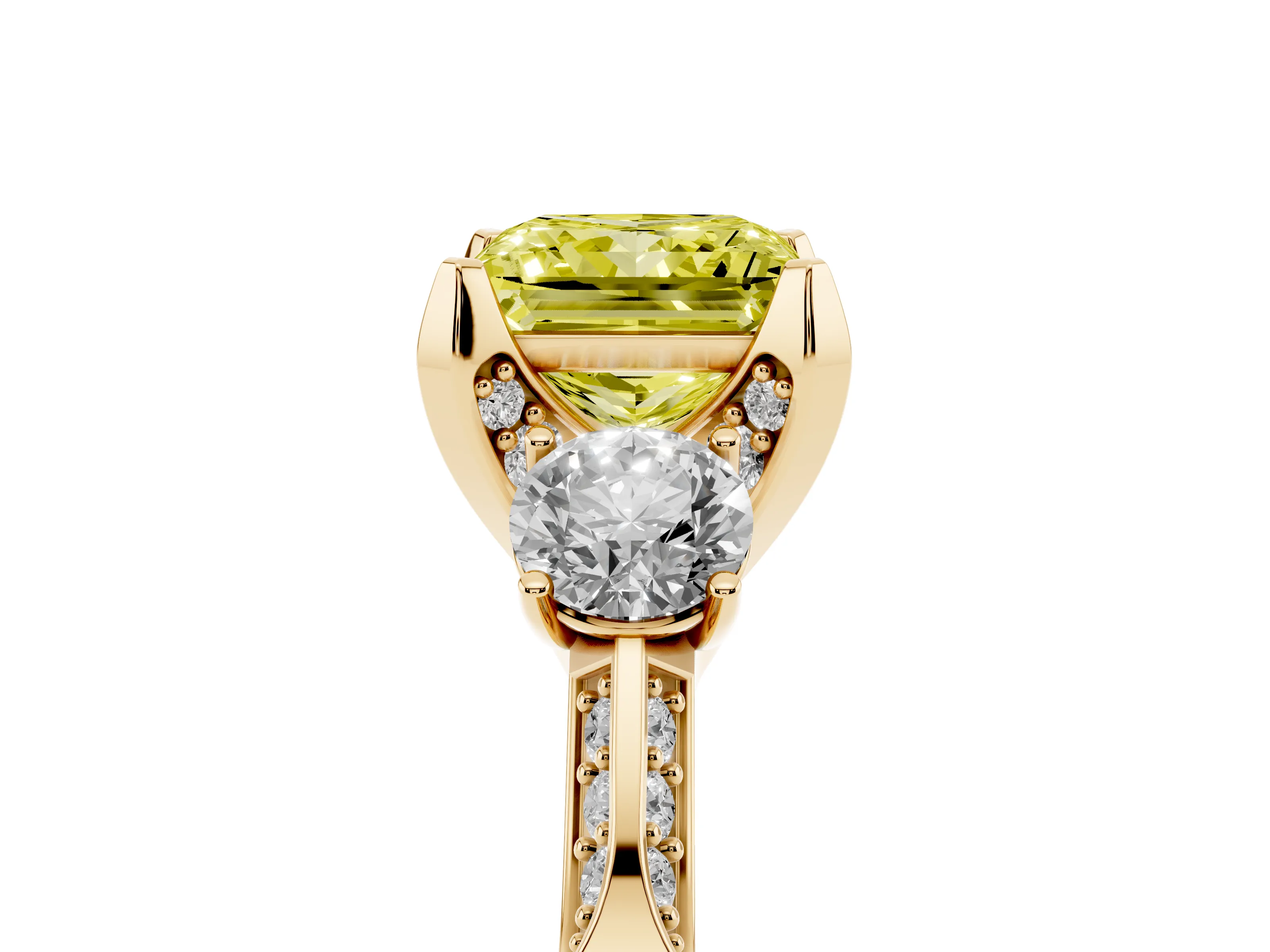 Fancy Yellow Princess Cut Diamond Three-Stone Ring Set in Yellow gold with Pavé Band and Smaller Side Stones