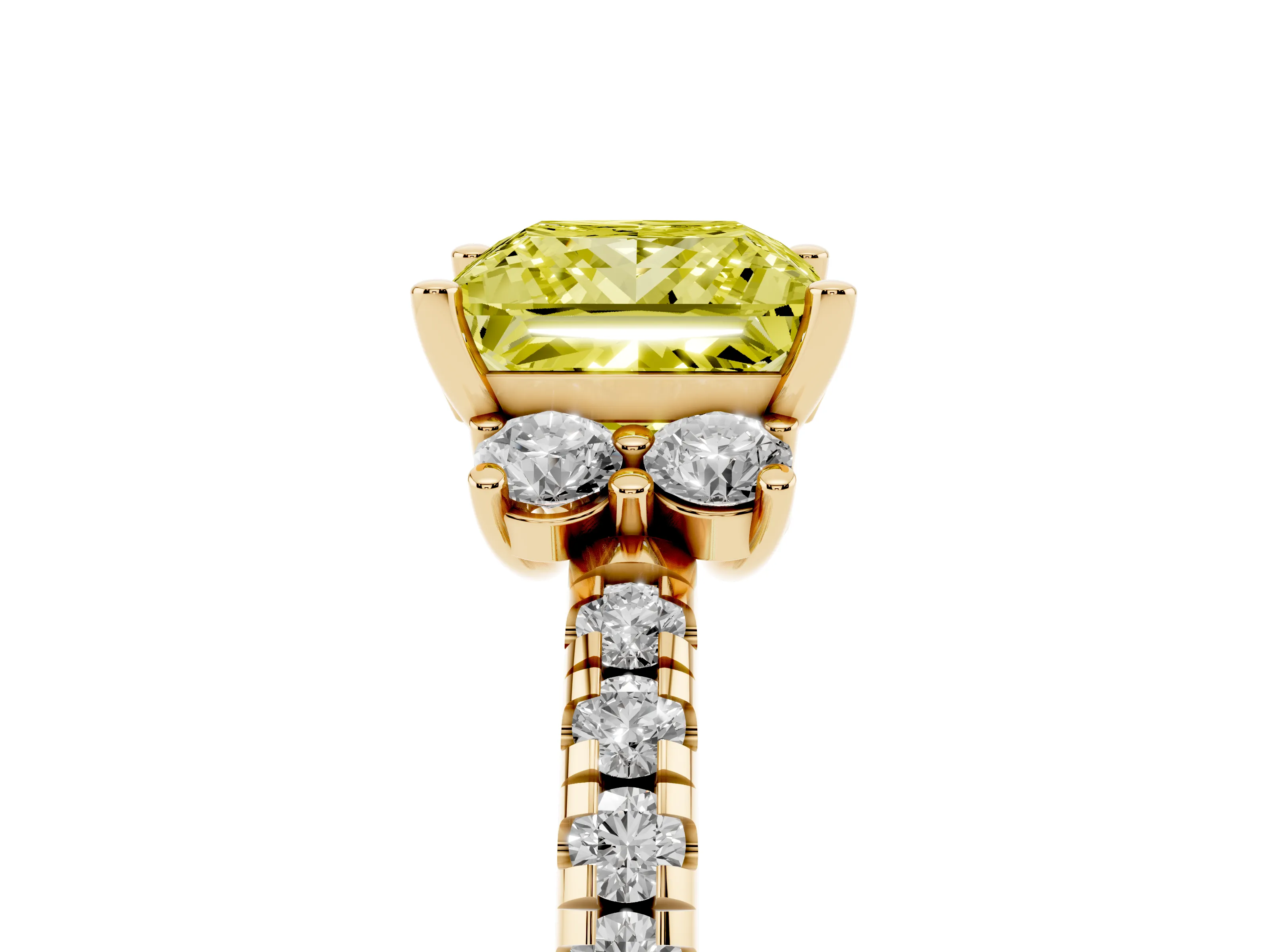 Fancy Yellow Princess Cut Diamond Three-Stone Pavé Ring Set in Yellow gold with Prong Setting
