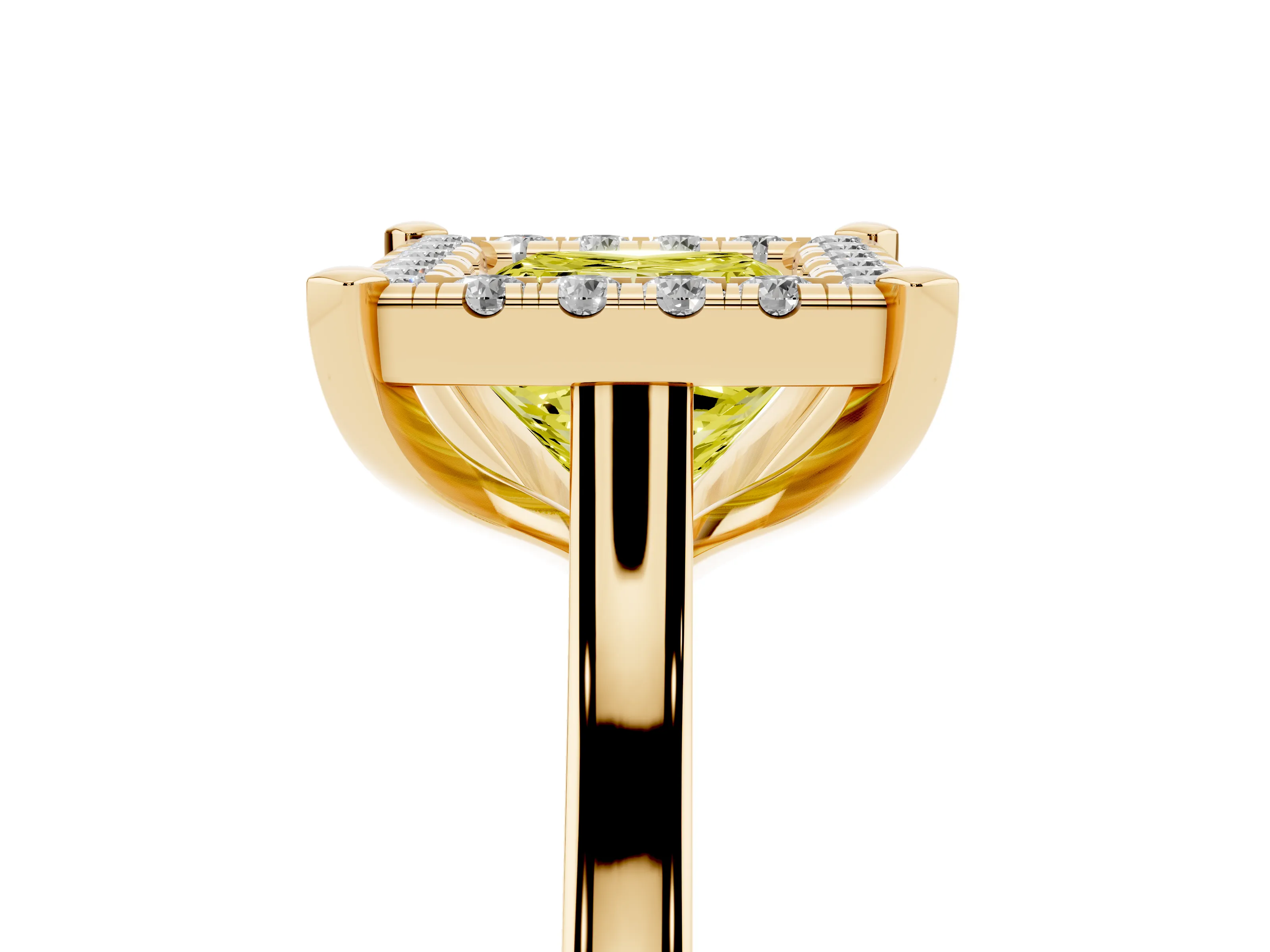Fancy Yellow Princess Cut Diamond Cluster Halo Solitaire Ring Set in Yellow gold with Prong Setting