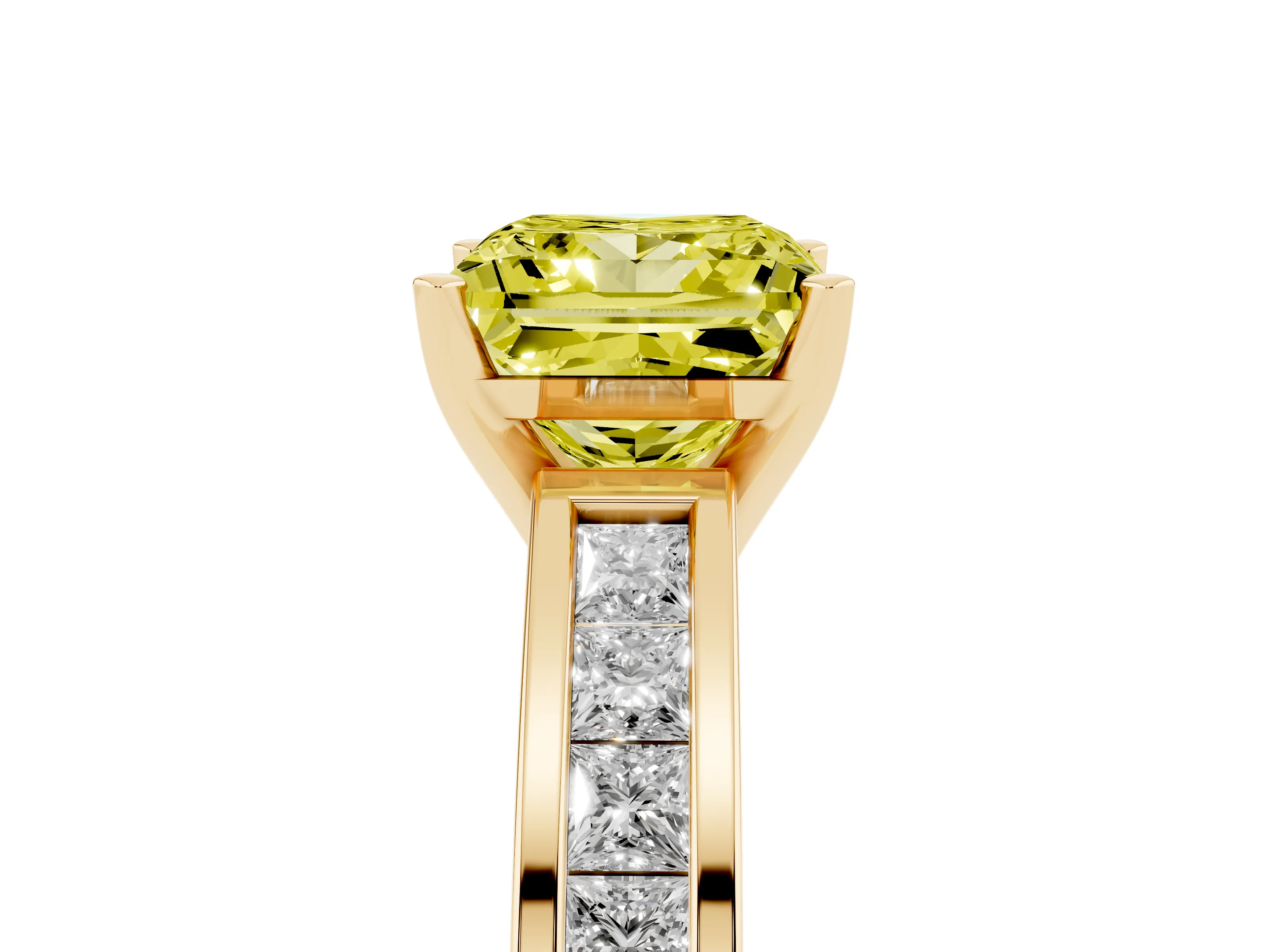 Fancy Yellow Princess Cut Diamond Solitaire Ring Set in Yellow gold with Channel-Set Band and Prong Setting